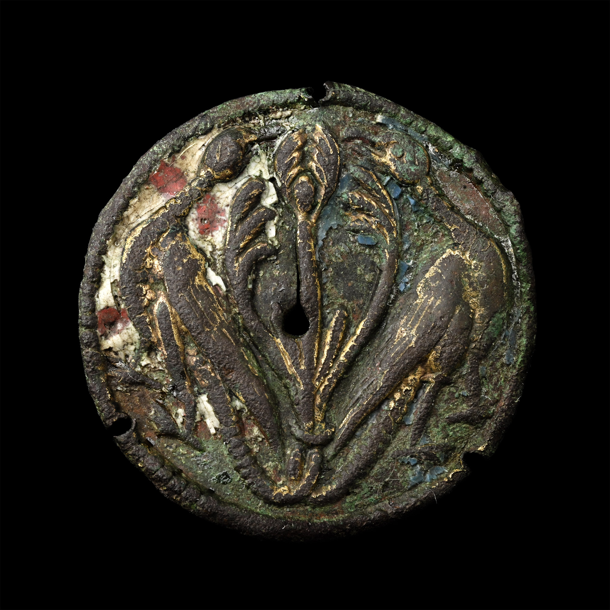 Medieval Enamelled Gilt Bronze Mount with Peacocks