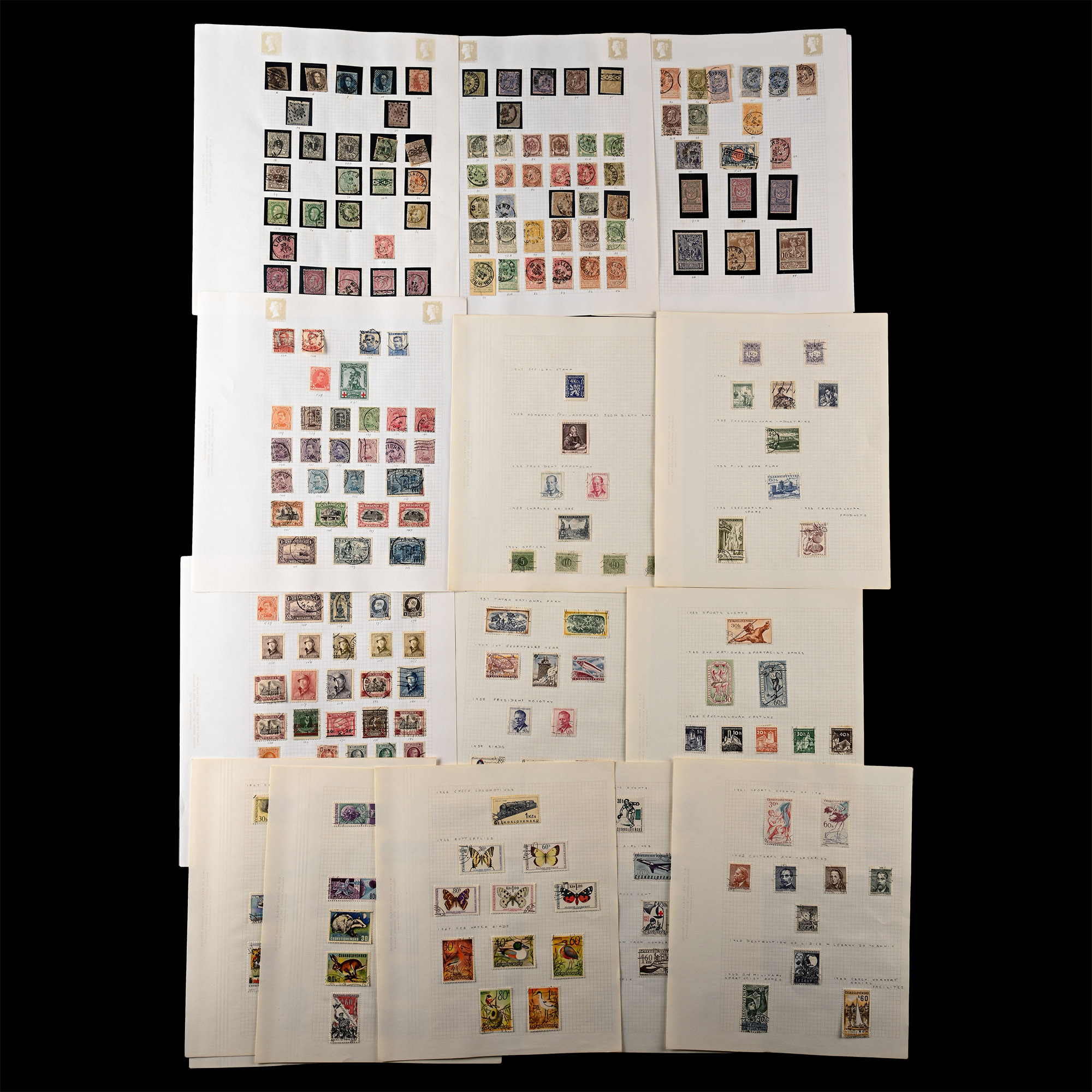 Mixed Group of Stamps From Belgium & Czechoslovakia on Album Leaves