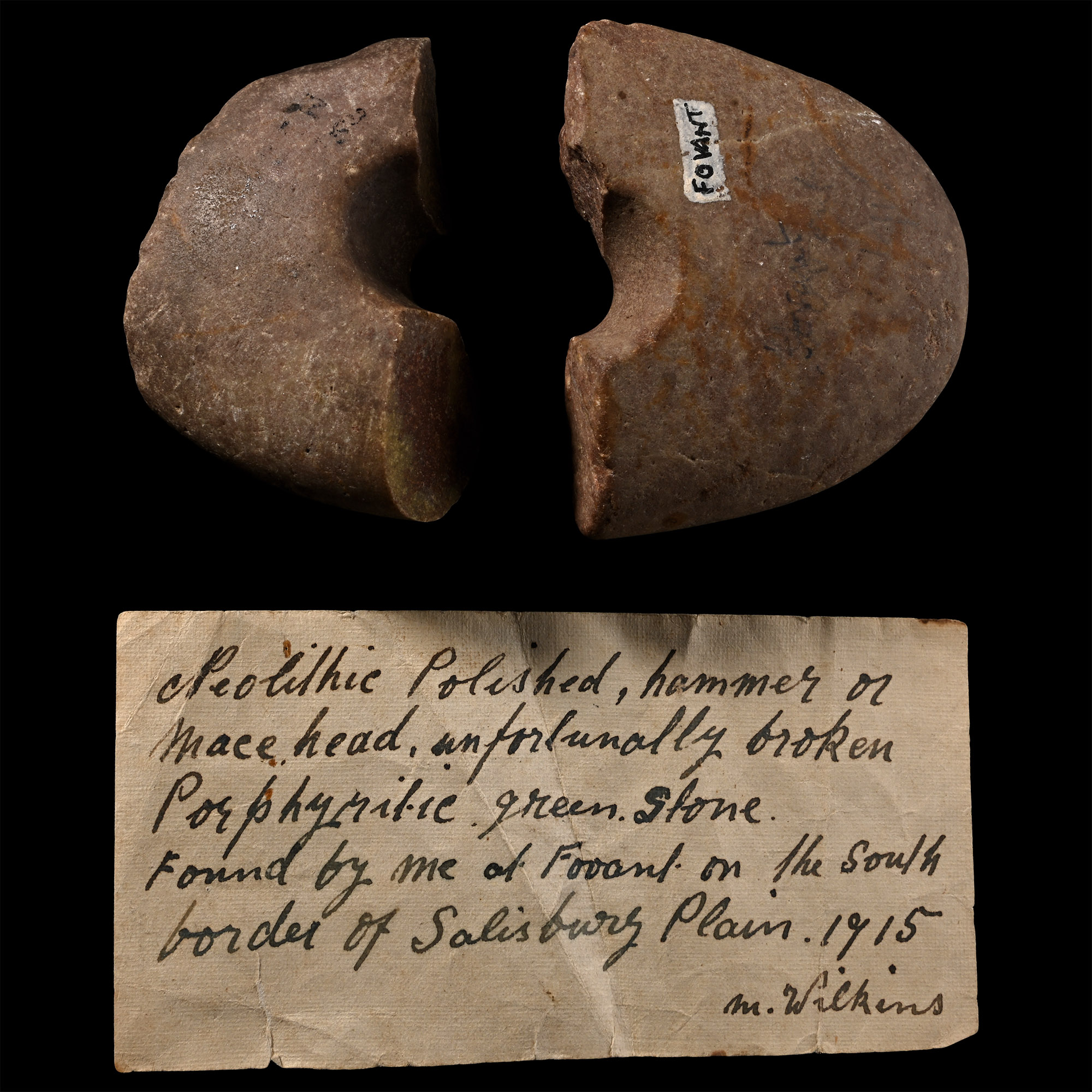 Salisbury Plain Stone Age Polished Stone Macehead Section Group with Handwritten Finder's Note