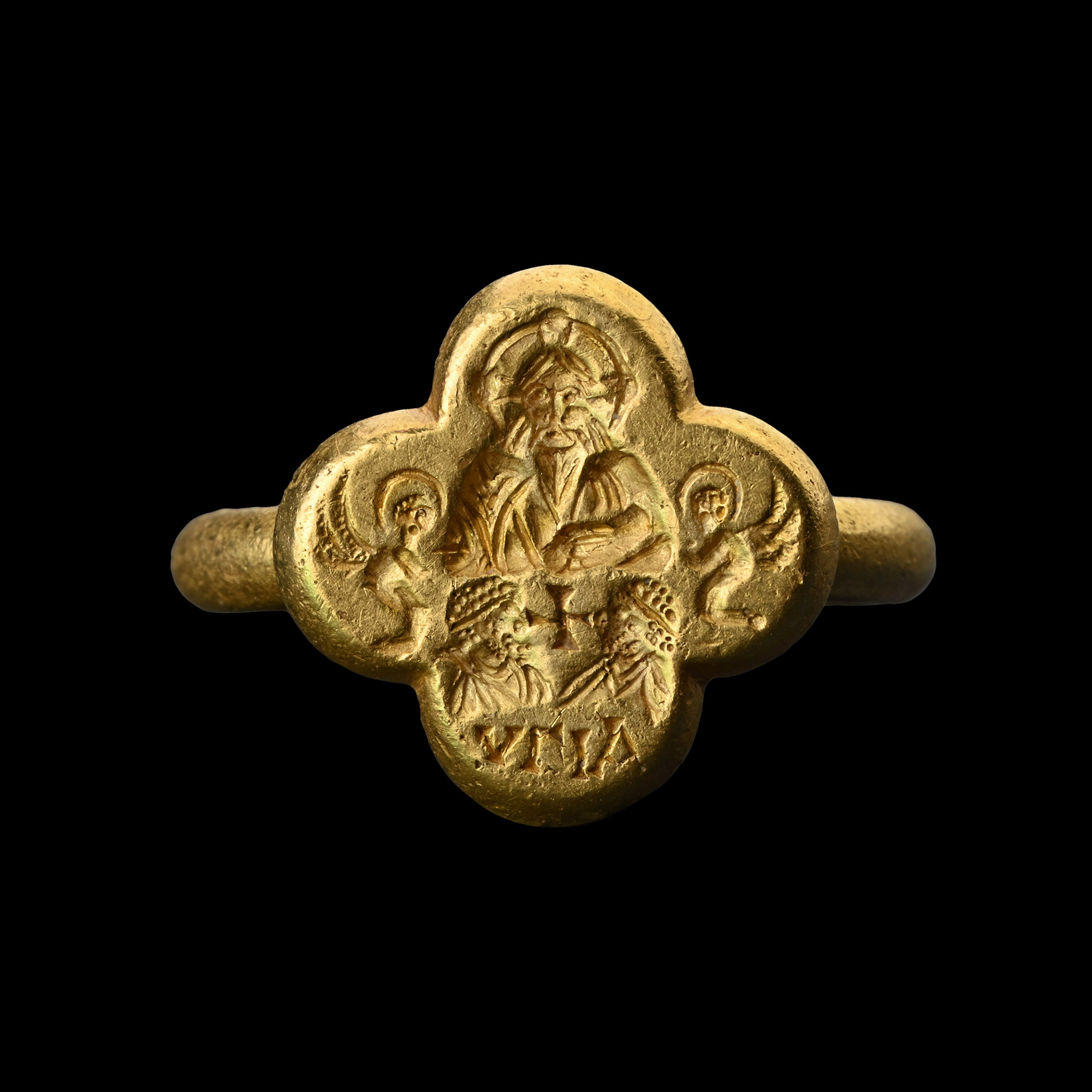 Heavy Byzantine Gold Marriage Ring with Christ and Facing Couple