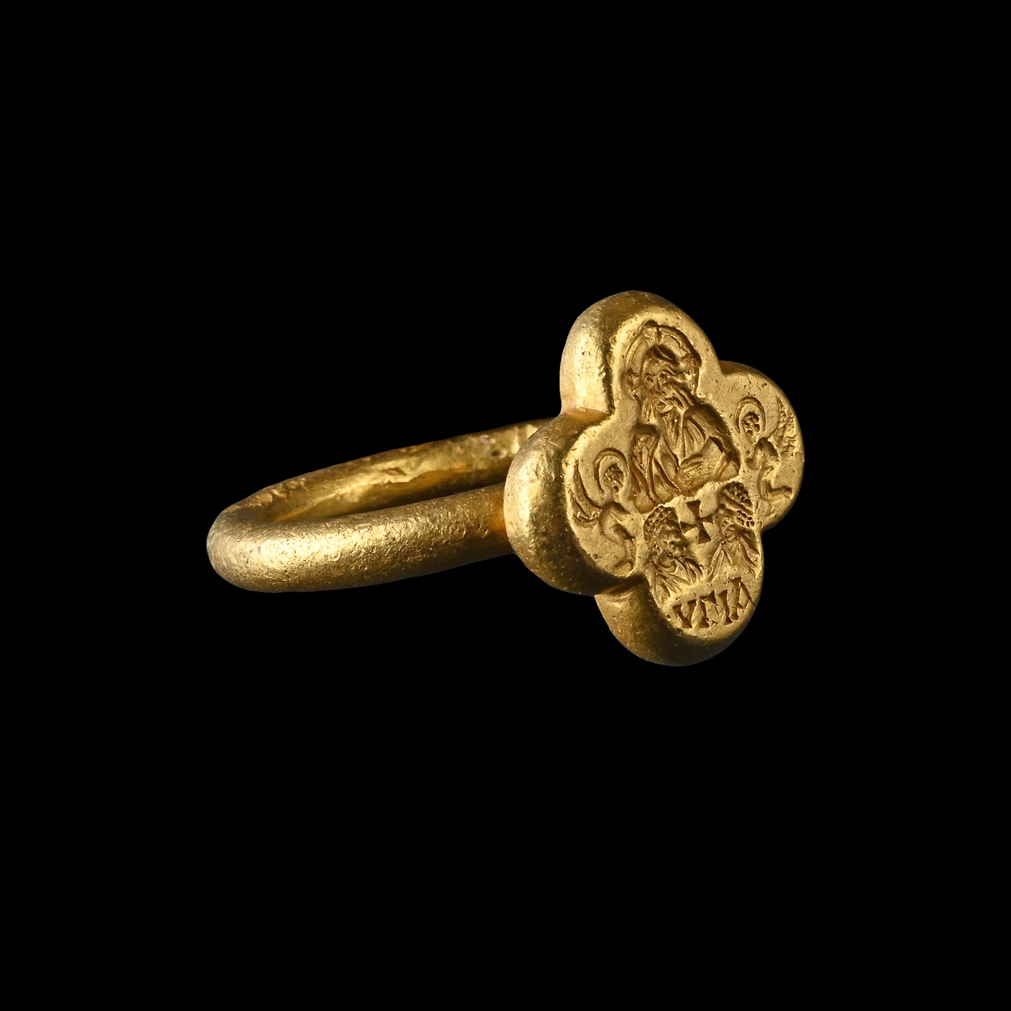 Heavy Byzantine Gold Marriage Ring with Christ and Facing Couple