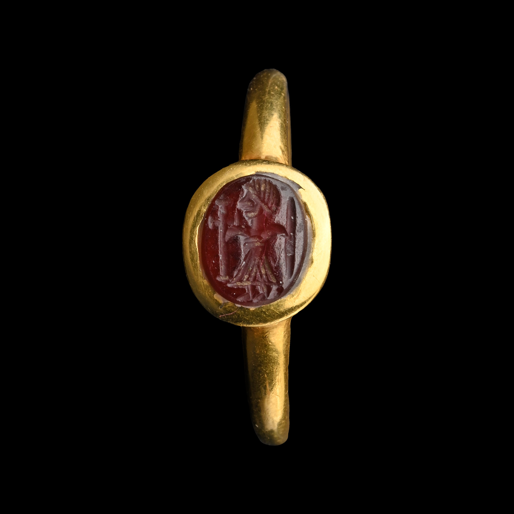 Byzantine Gold Ring with Carnelian Gemstone of Christian Warrior Holding Cross