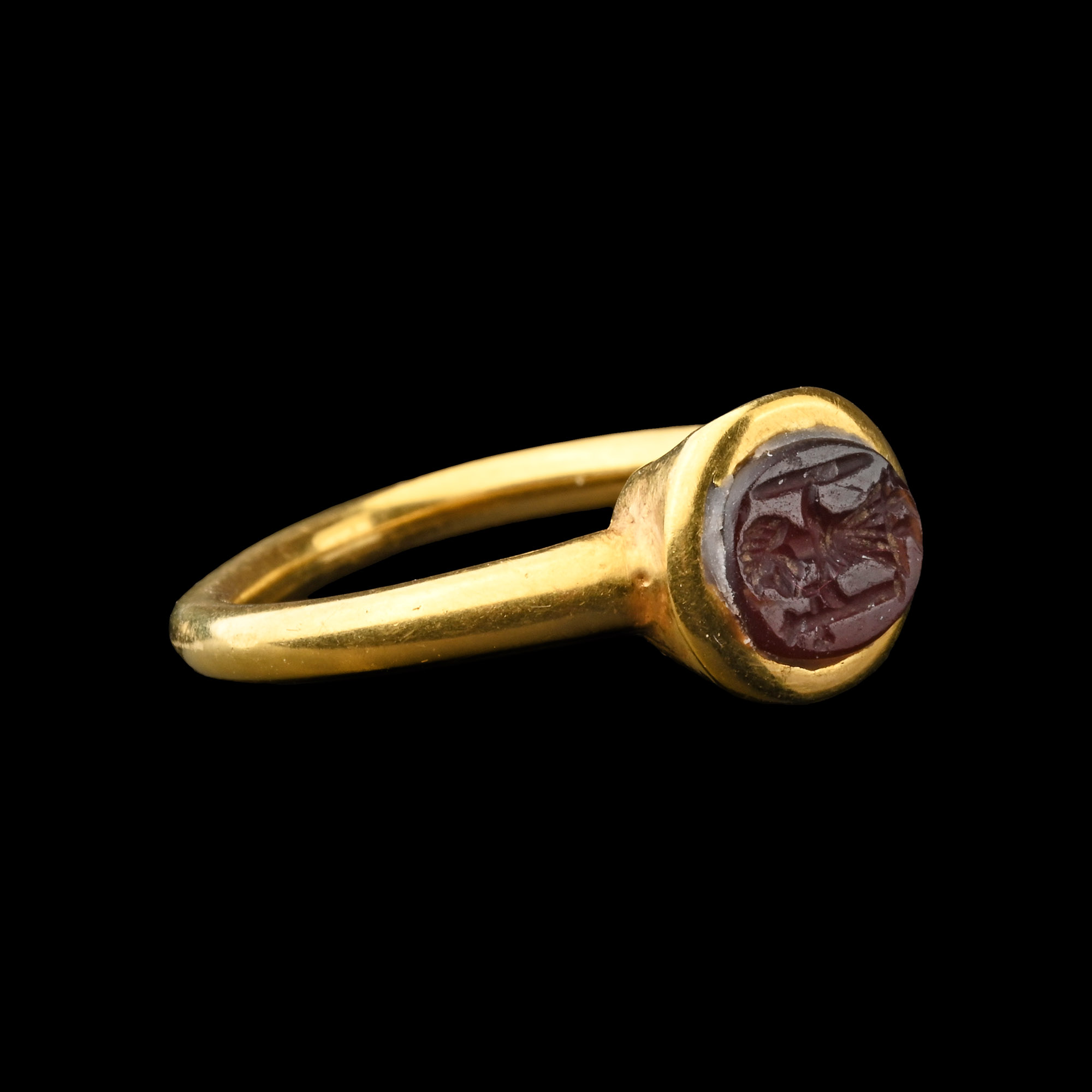 Byzantine Gold Ring with Carnelian Gemstone of Christian Warrior Holding Cross