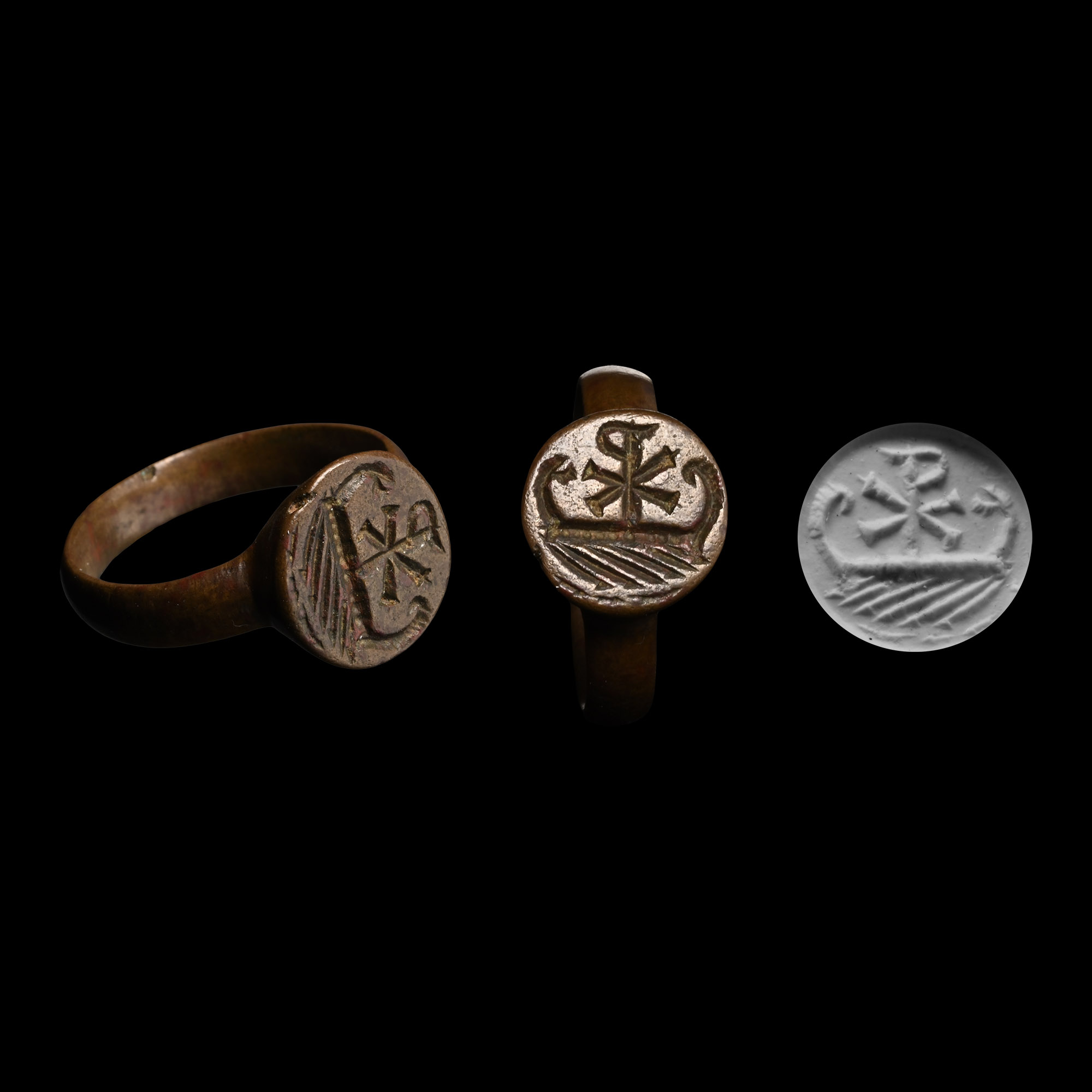 Late Roman Bronze Ring with Boat and Monogram
