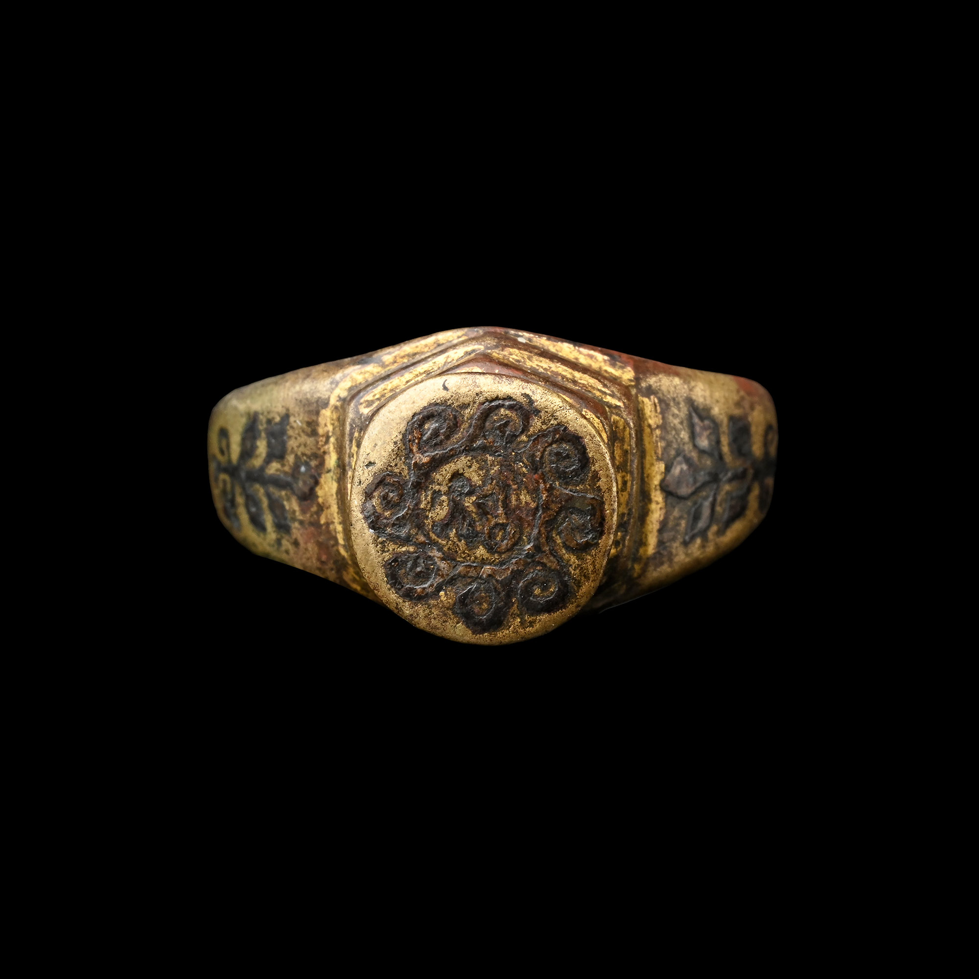 Large Byzantine Gilt Bronze and Niello Ring with Stepped Bezel