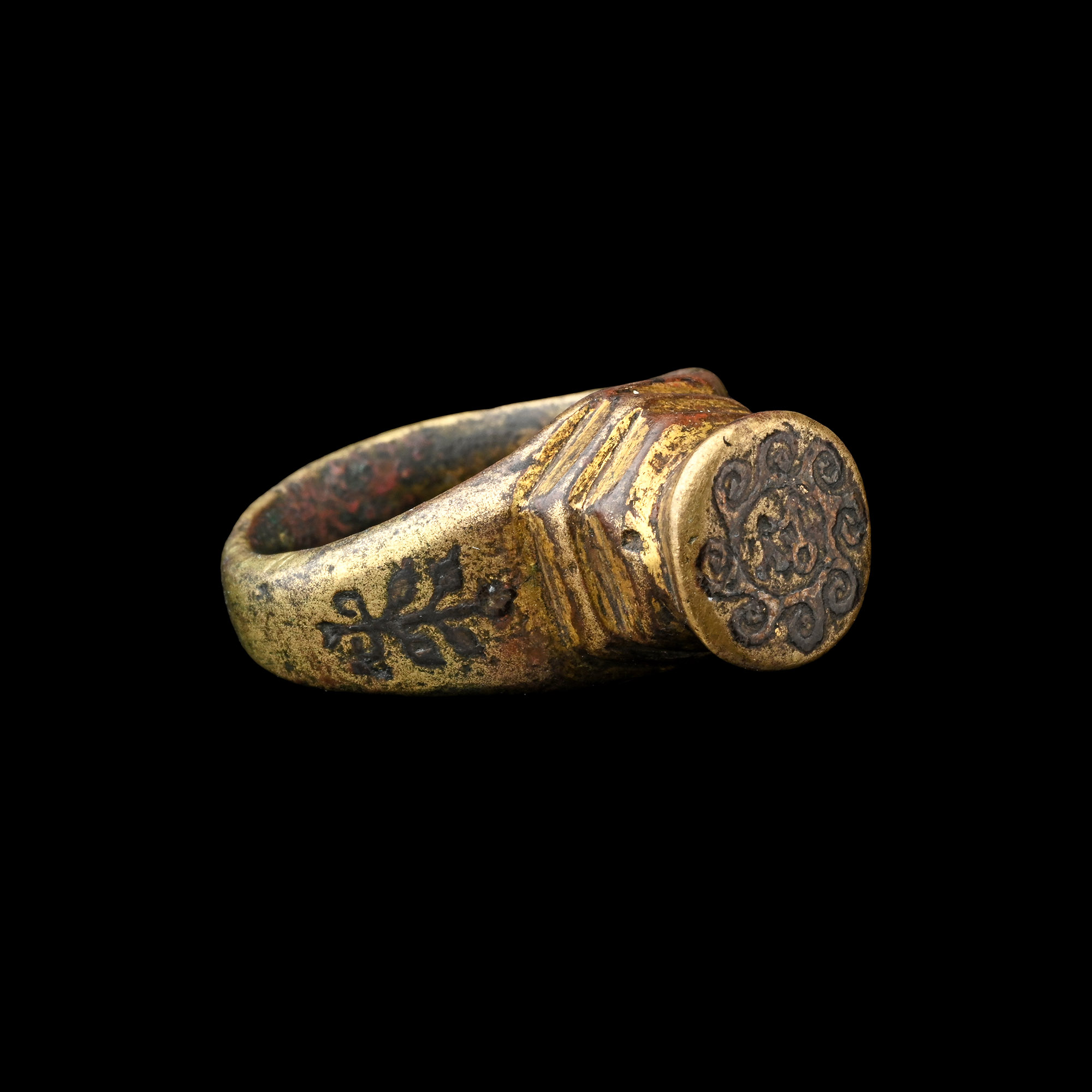 Large Byzantine Gilt Bronze and Niello Ring with Stepped Bezel