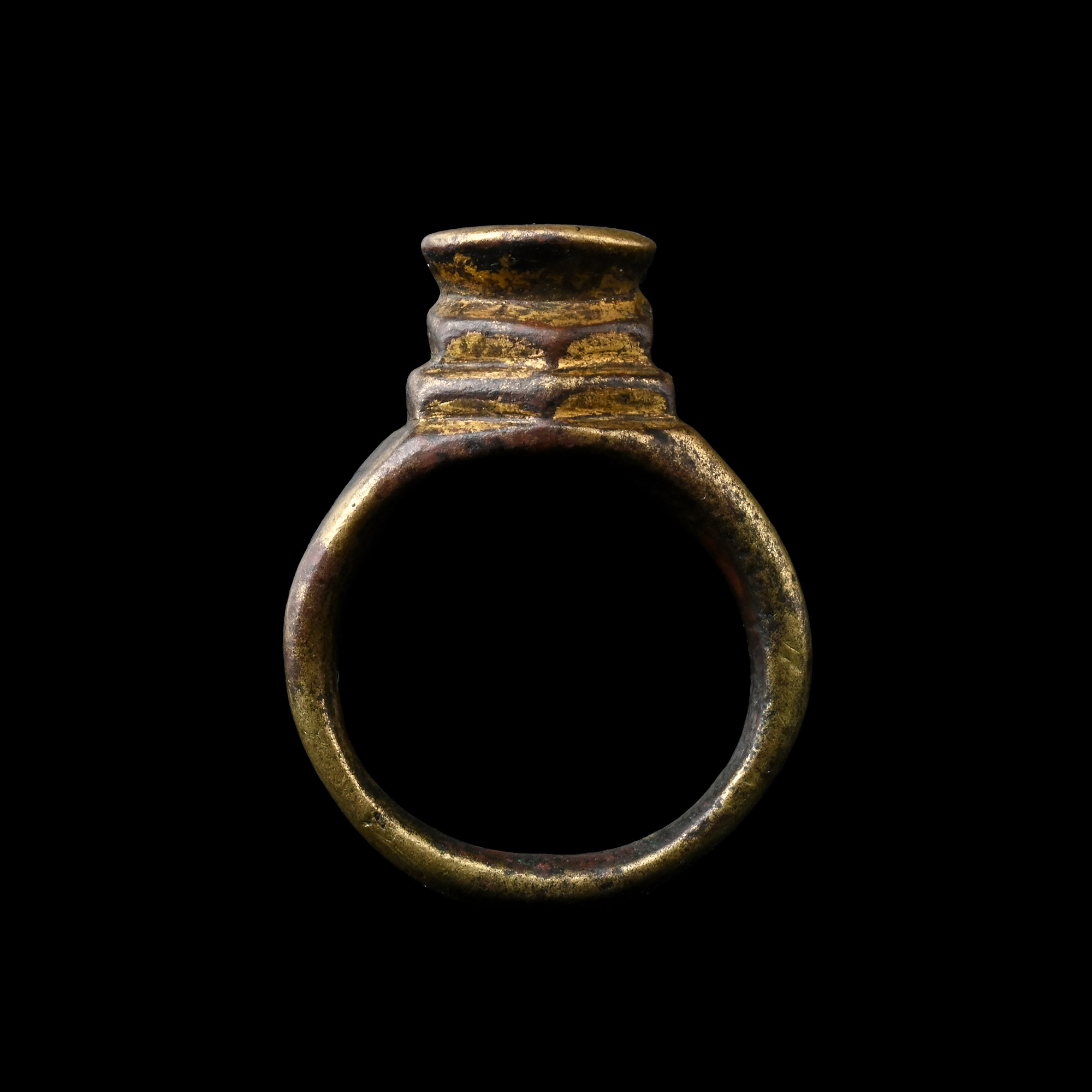 Large Byzantine Gilt Bronze and Niello Ring with Stepped Bezel