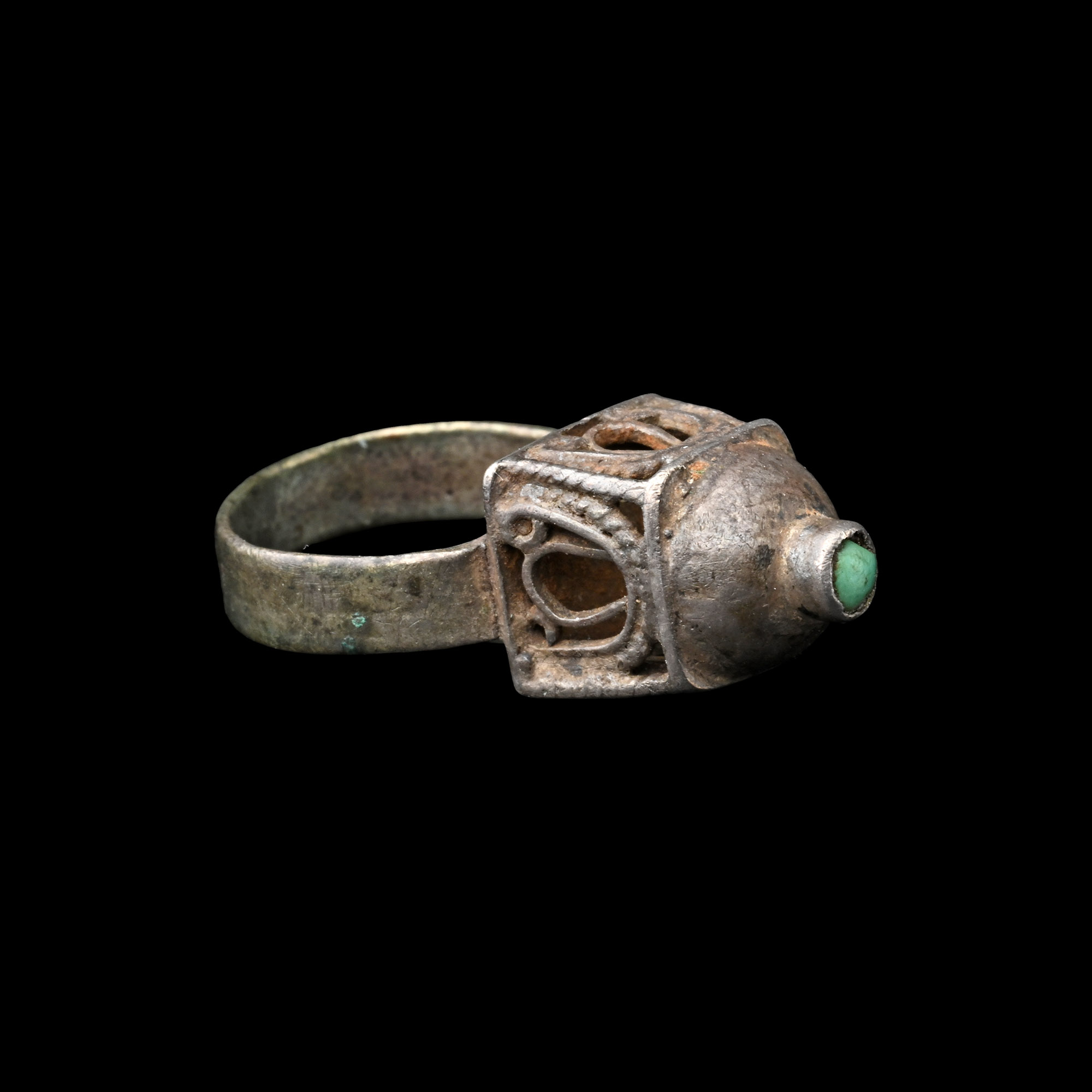 Western Asiatic Silver Temple Ring with Turquoise Cabochon
