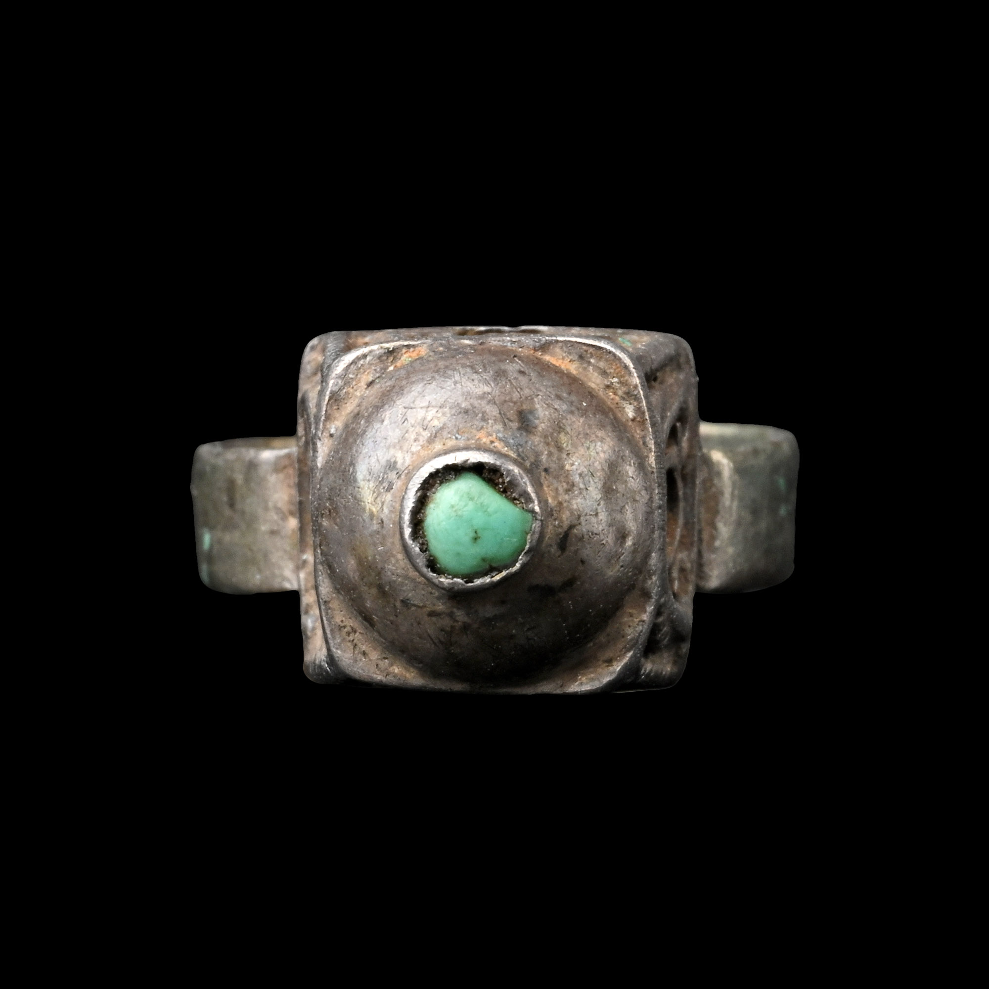 Western Asiatic Silver Temple Ring with Turquoise Cabochon