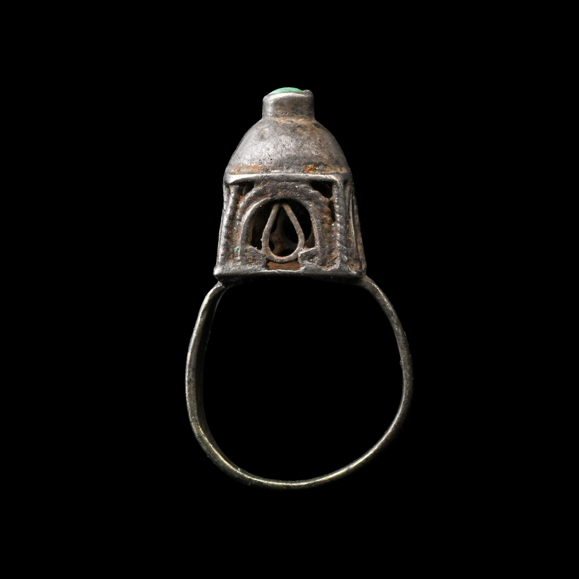Western Asiatic Silver Temple Ring with Turquoise Cabochon
