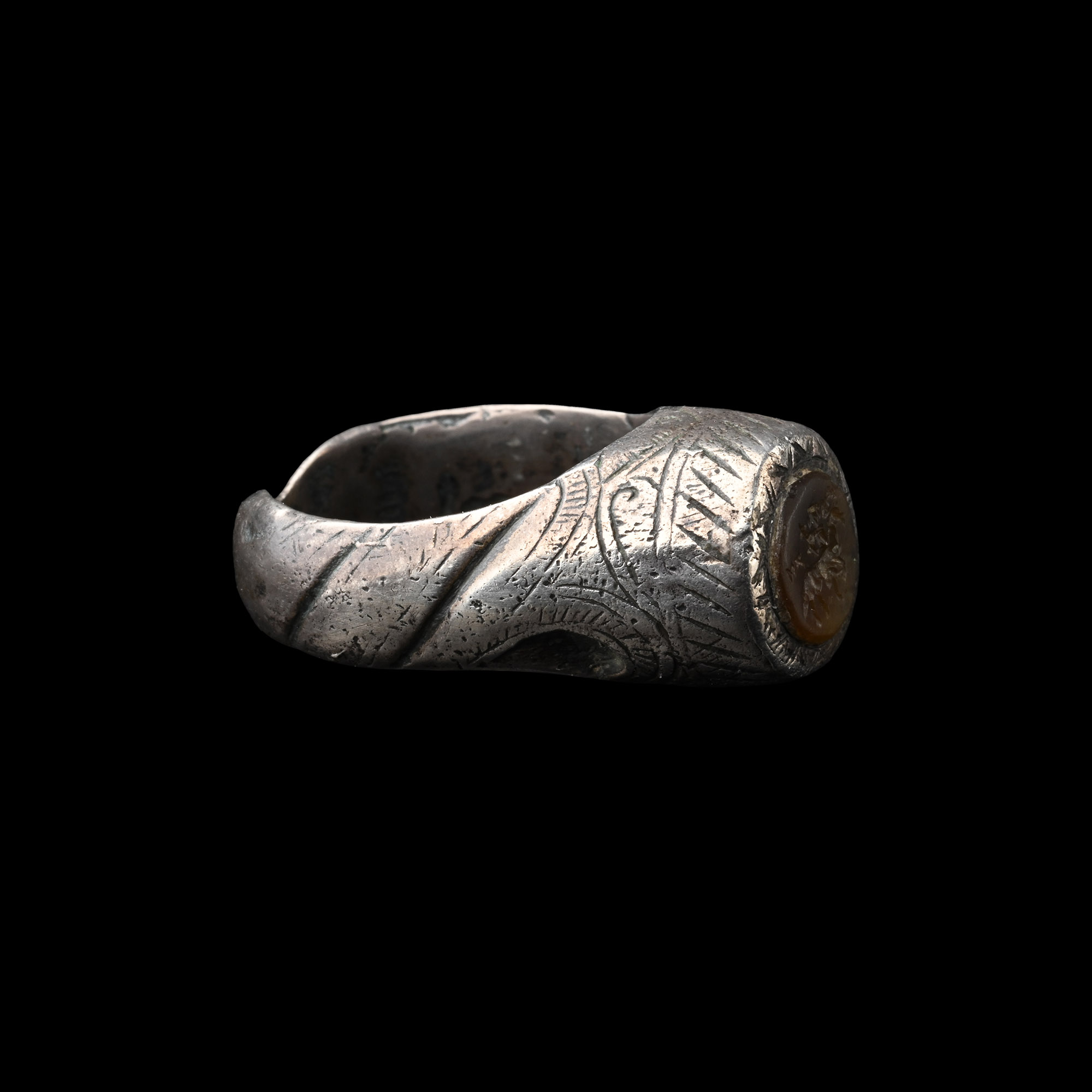 Large Medieval Silver Signet Ring with Intaglio