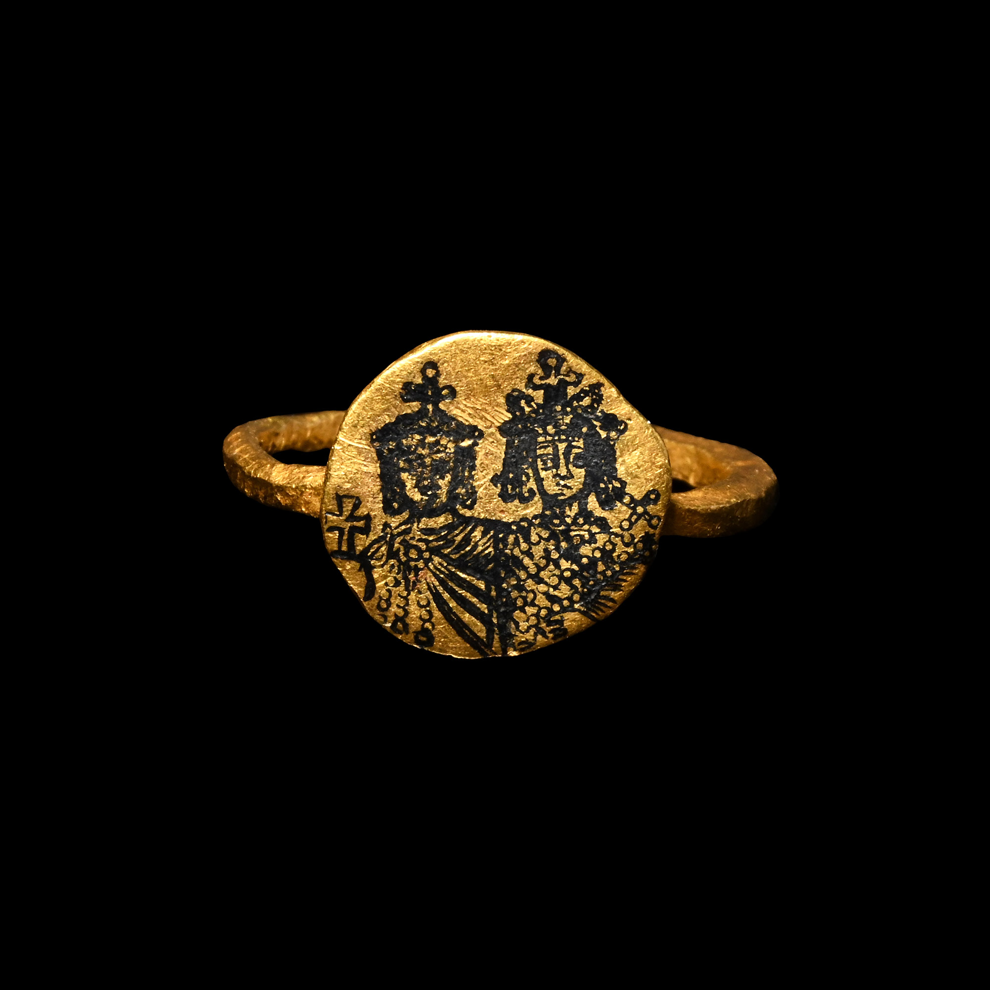 Byzantine Gold Ring with Niello Portrait of Empress Eirene and Her Son Constantine VI