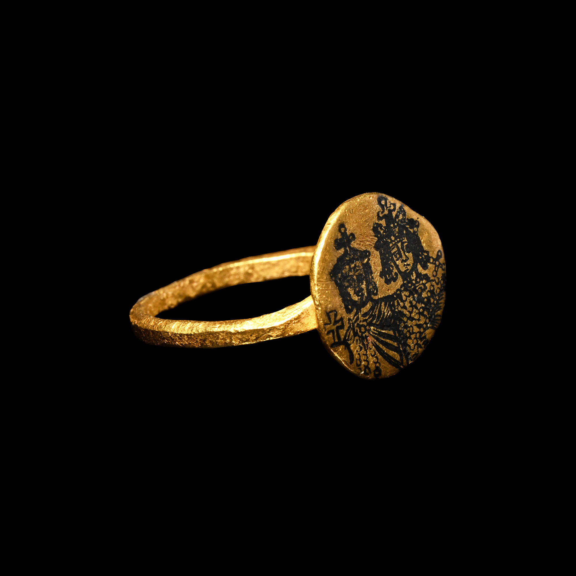 Byzantine Gold Ring with Niello Portrait of Empress Eirene and Her Son Constantine VI