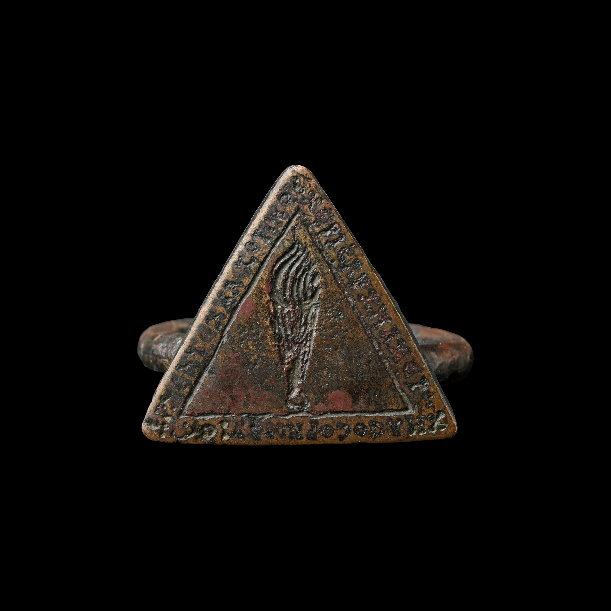 Large Byzantine Bronze Ring with Triangular Bezel with Flaming Torch and Incription