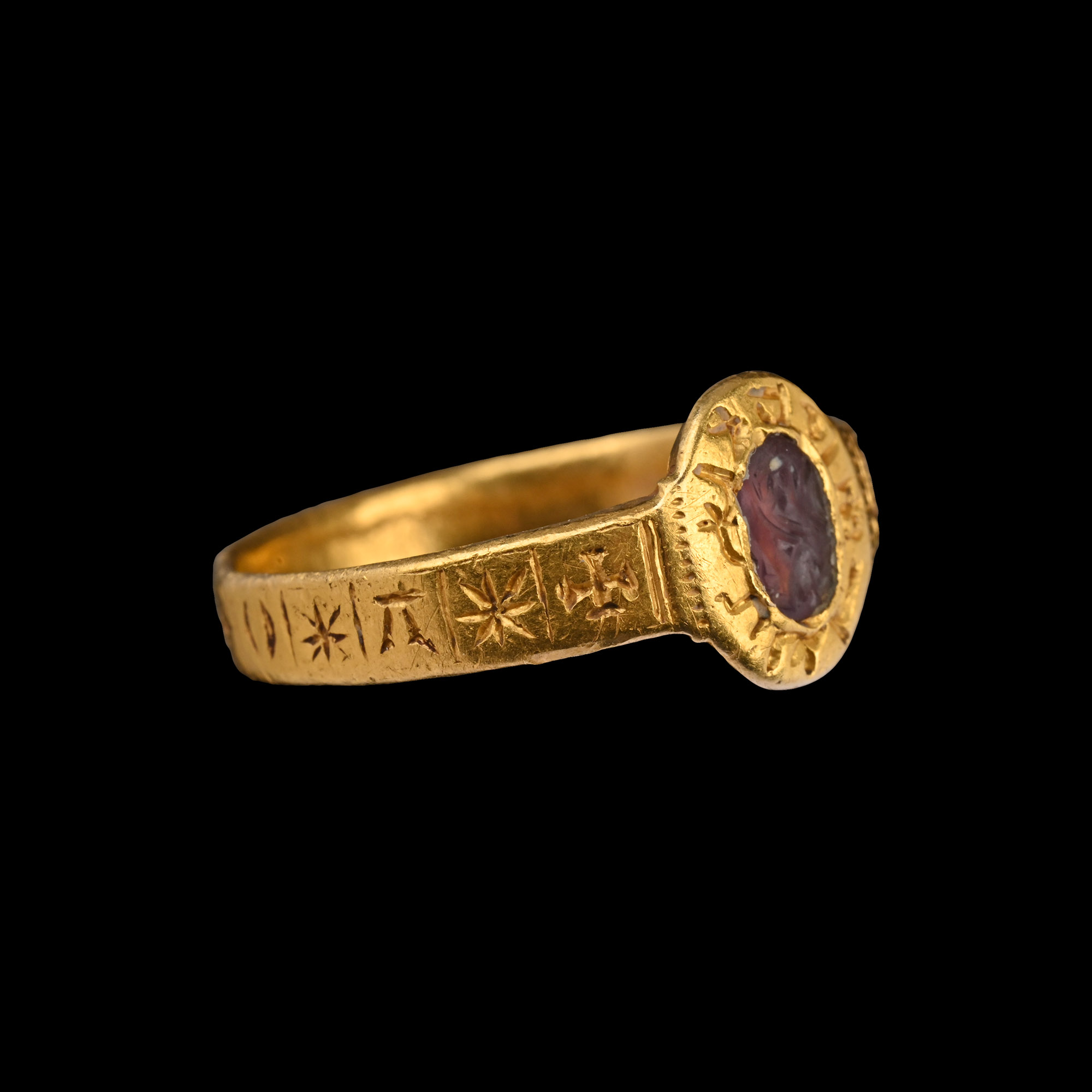 Medieval Gold Ring with Legend and Amethyst Intaglio