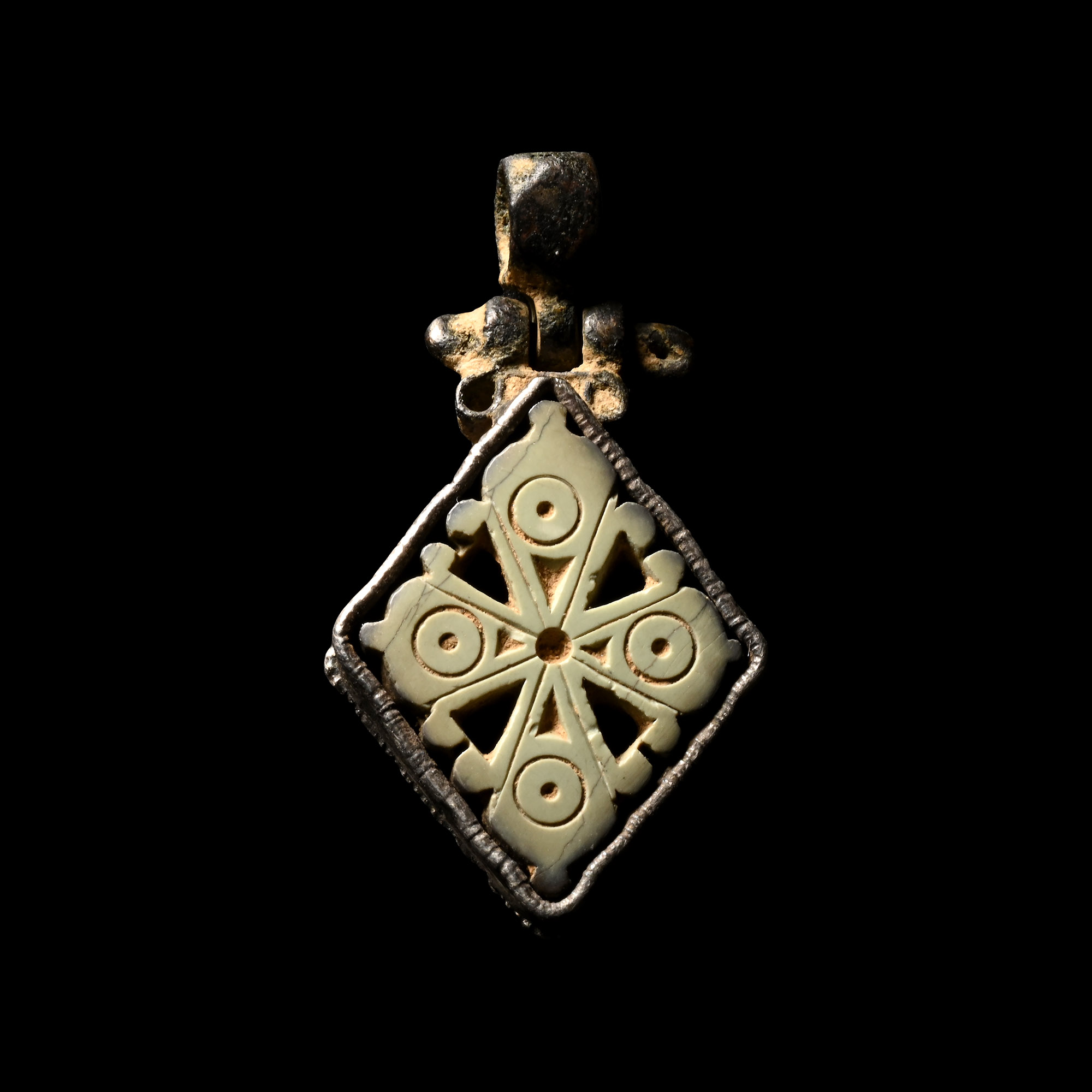 Byzantine Stone Amuletic Cross in Silver Pendant