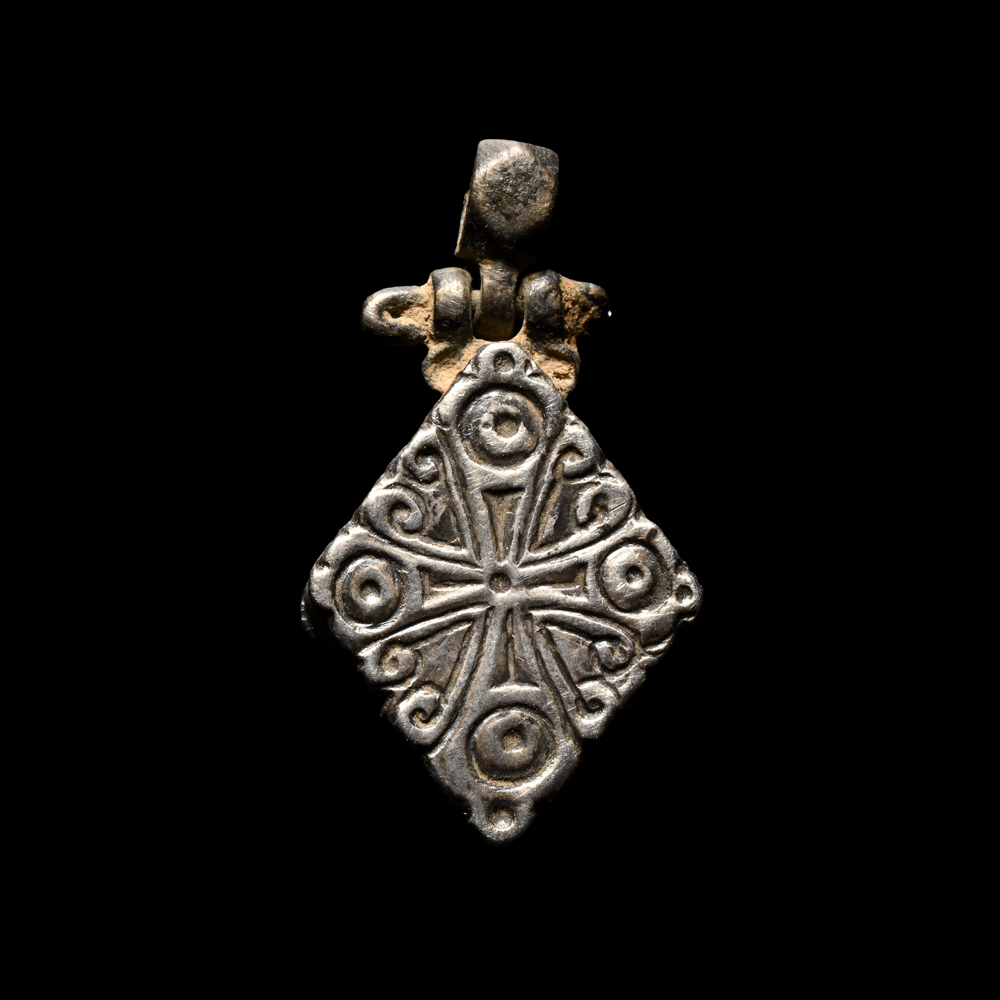 Byzantine Stone Amuletic Cross in Silver Pendant