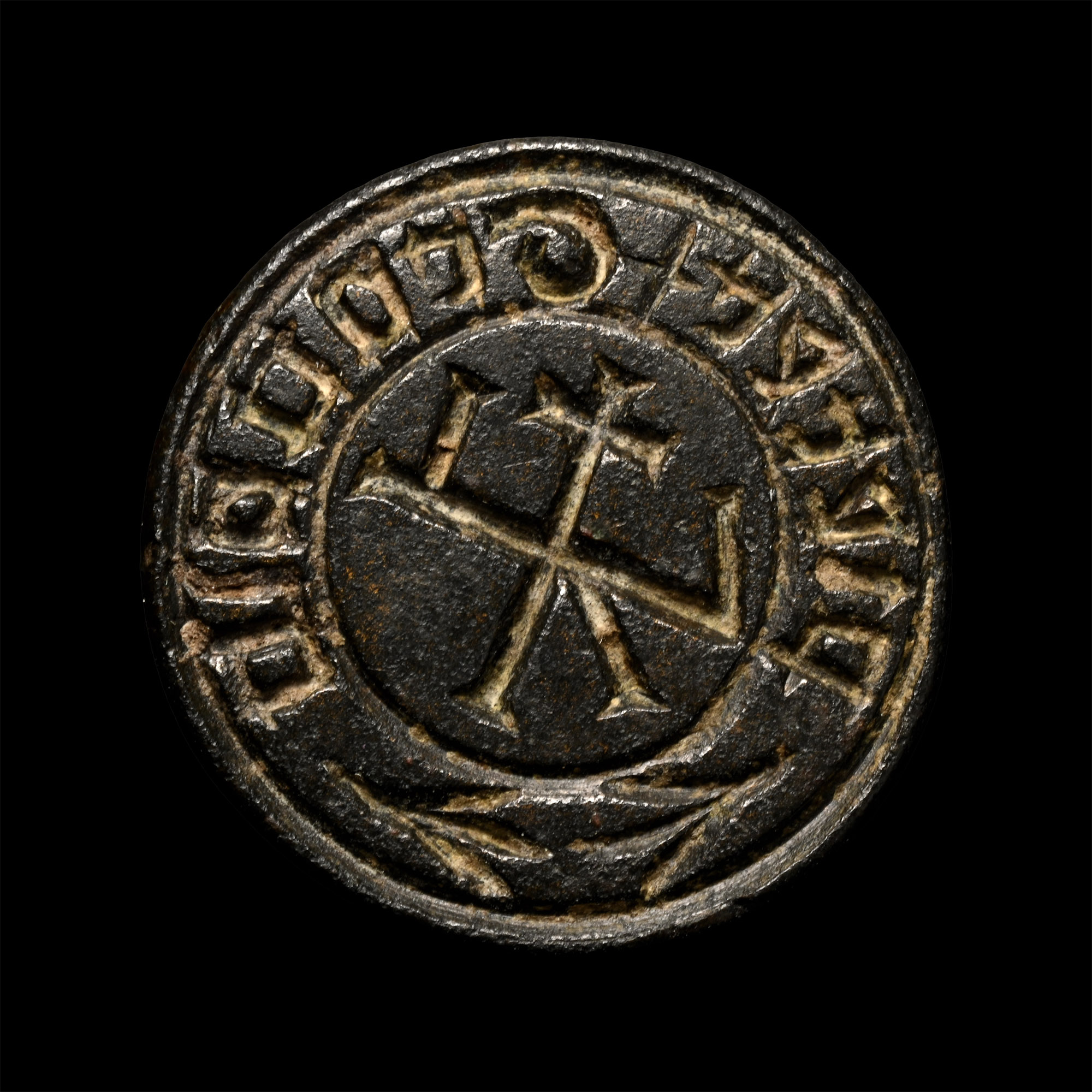 Medieval Bronze Seal Matrix with Monogram and Inscription