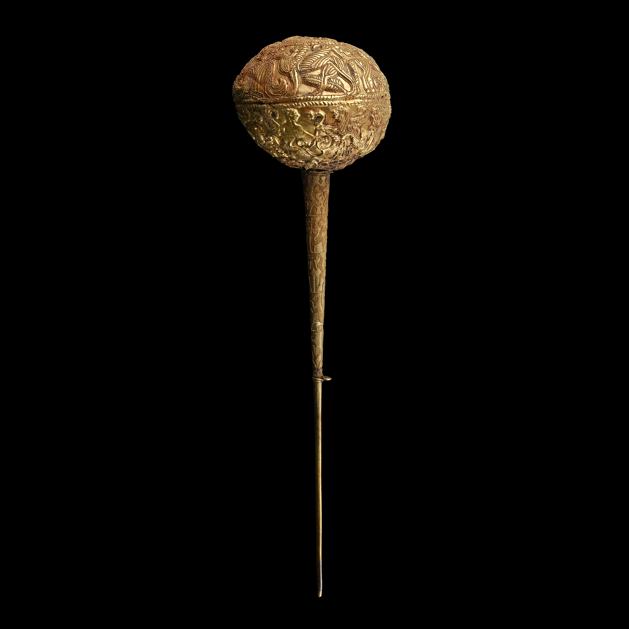 Large Greek Gold Repoussé Dress Pin with Figural Scenes