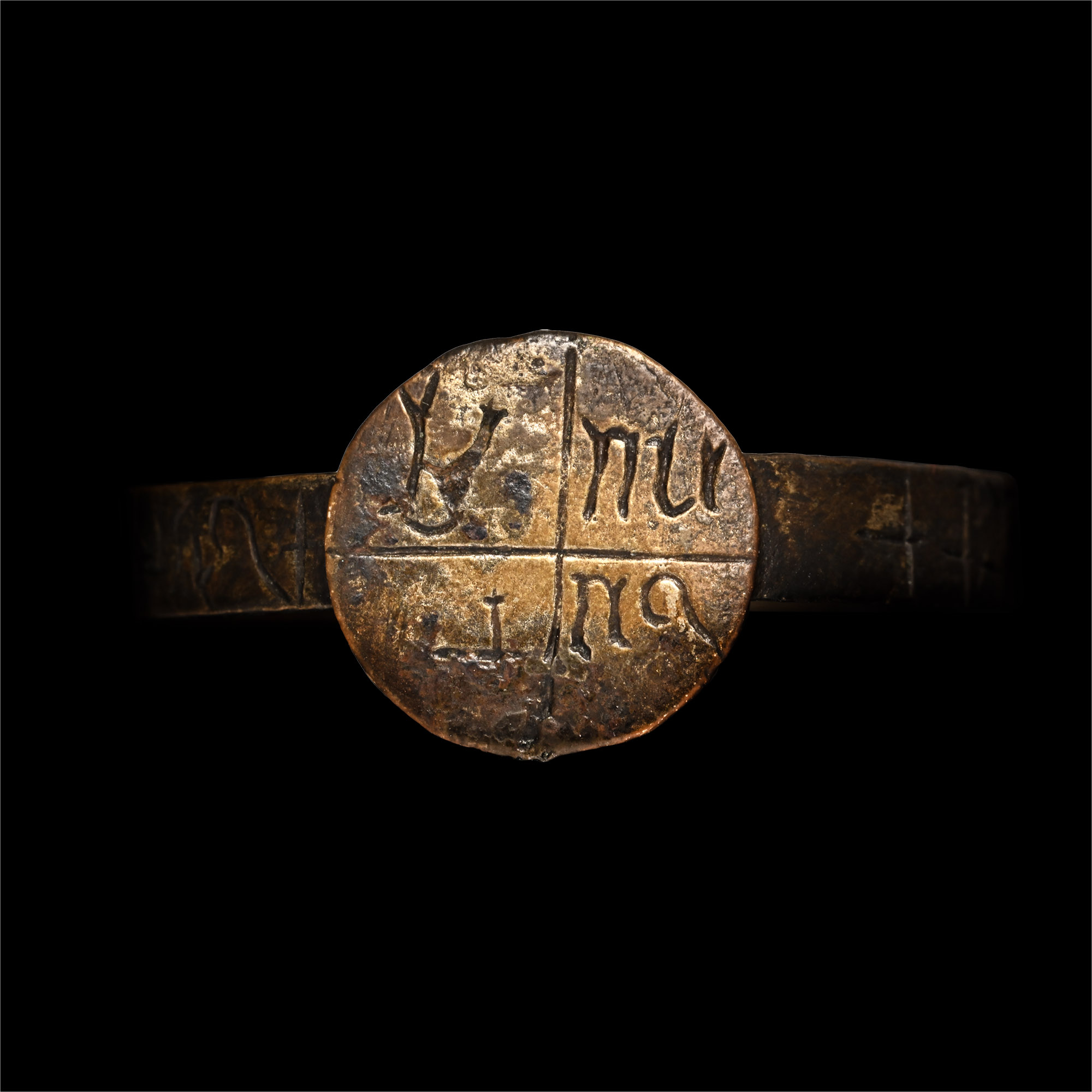 Very Large Medieval Bronze Glove Ring with Inscription to Hoop and Bezel