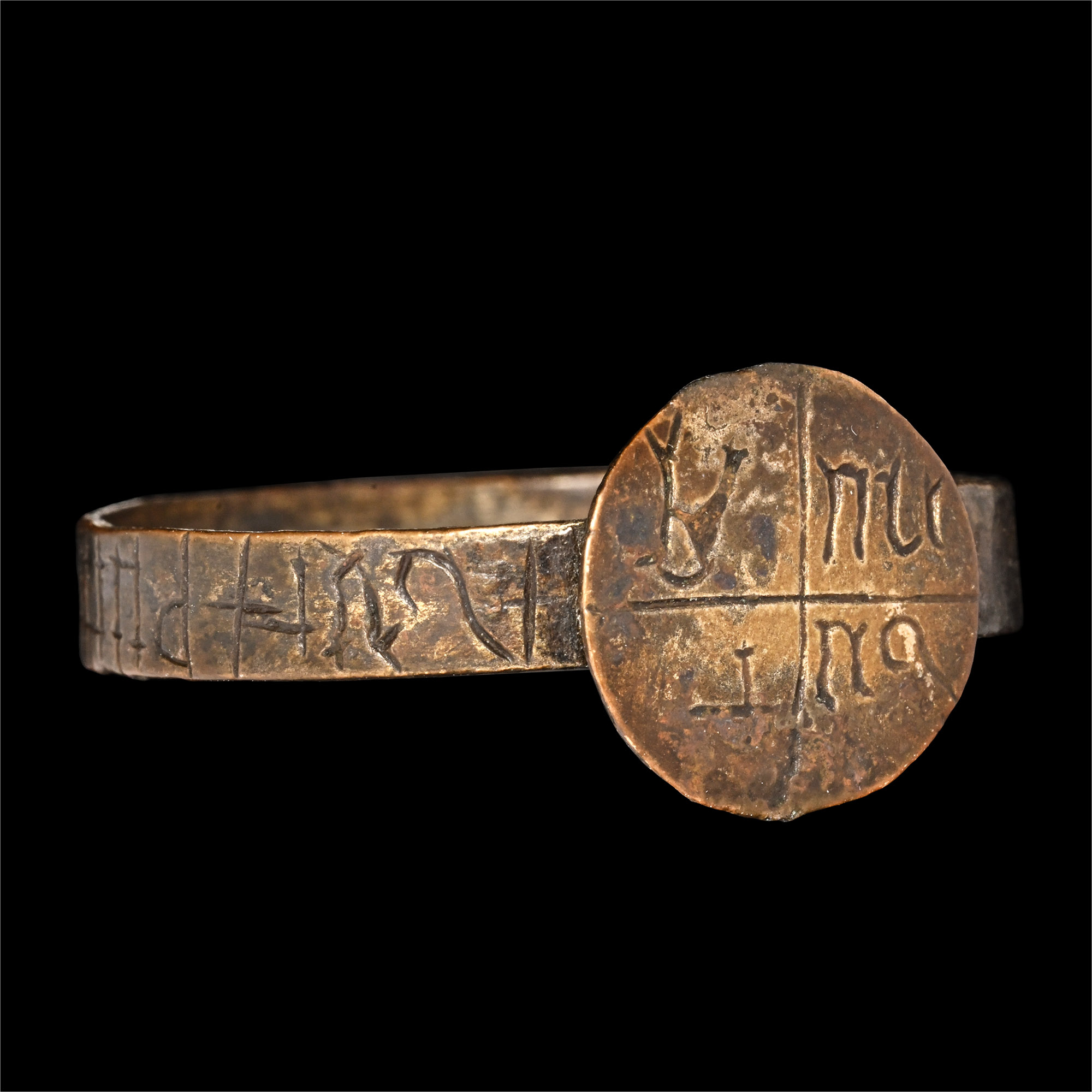 Very Large Medieval Bronze Glove Ring with Inscription to Hoop and Bezel