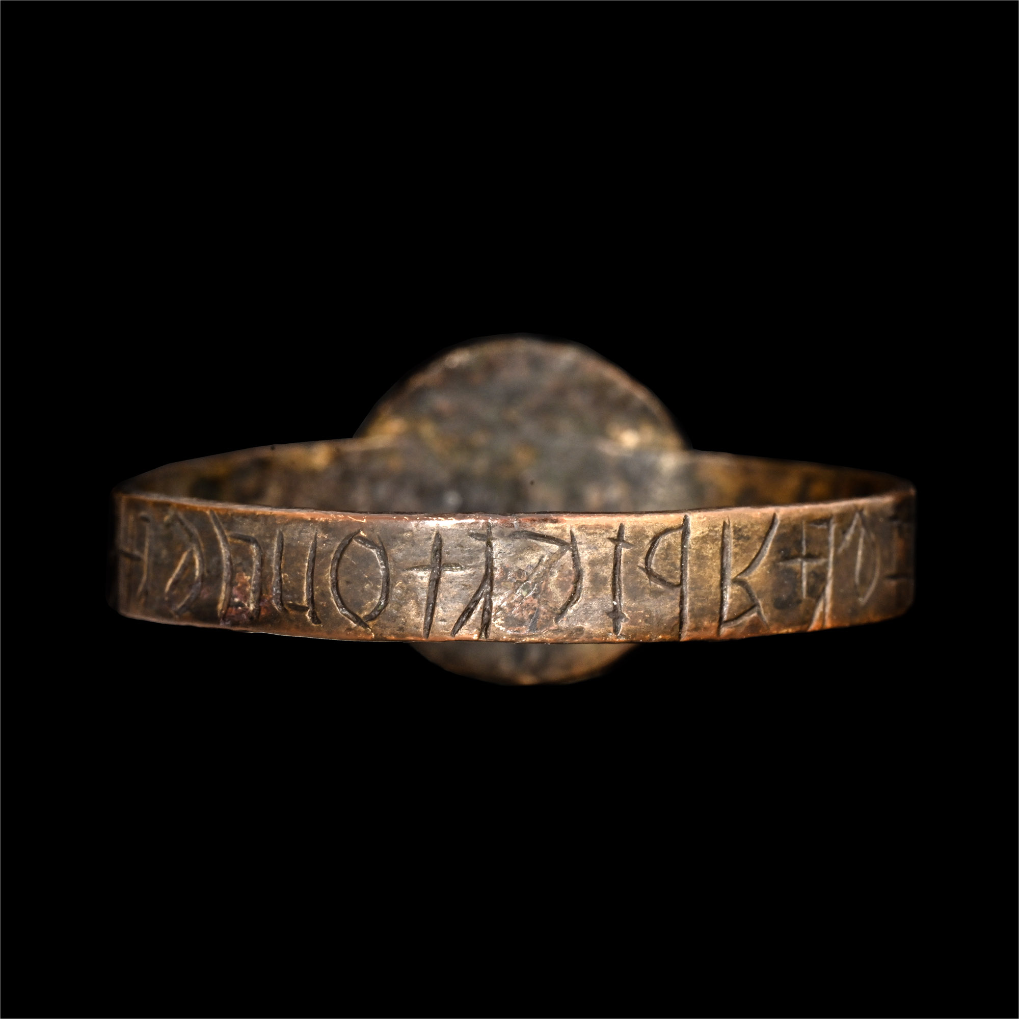 Very Large Medieval Bronze Glove Ring with Inscription to Hoop and Bezel