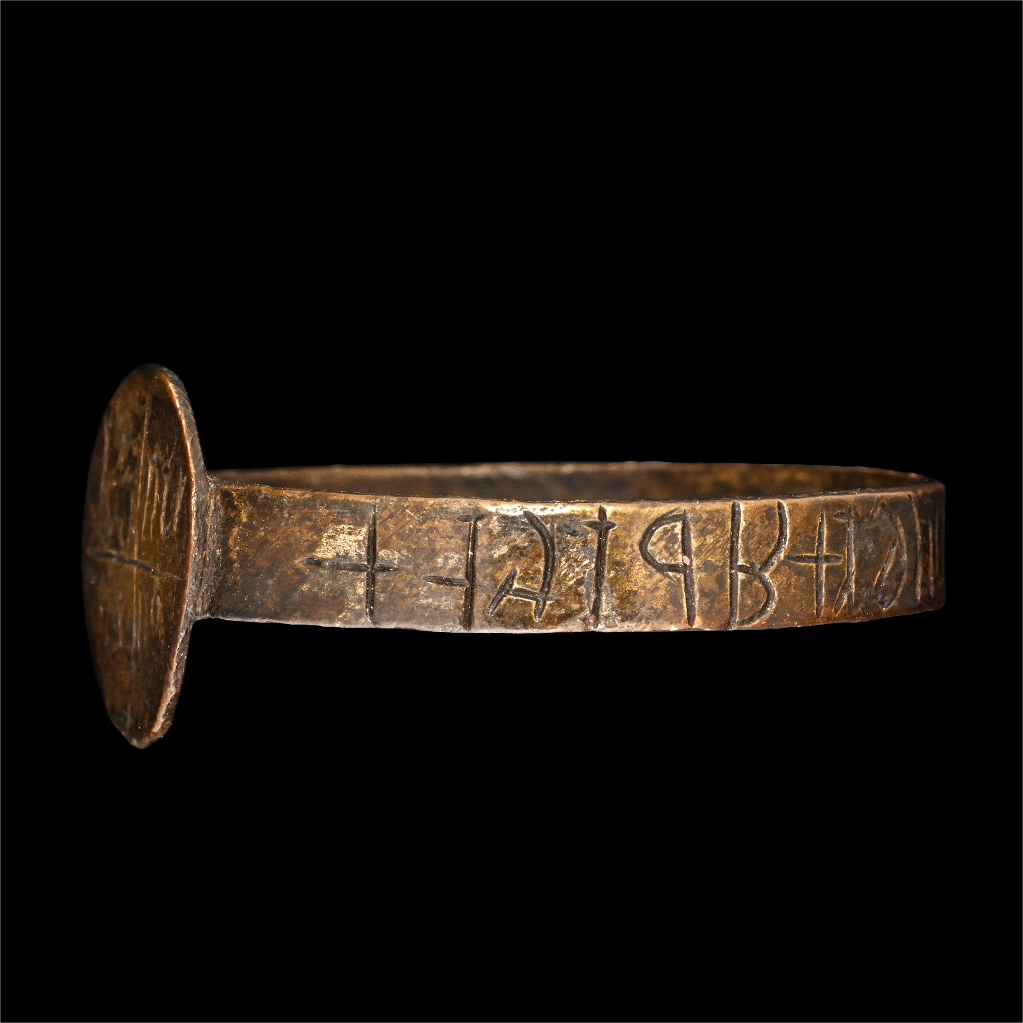 Very Large Medieval Bronze Glove Ring with Inscription to Hoop and Bezel