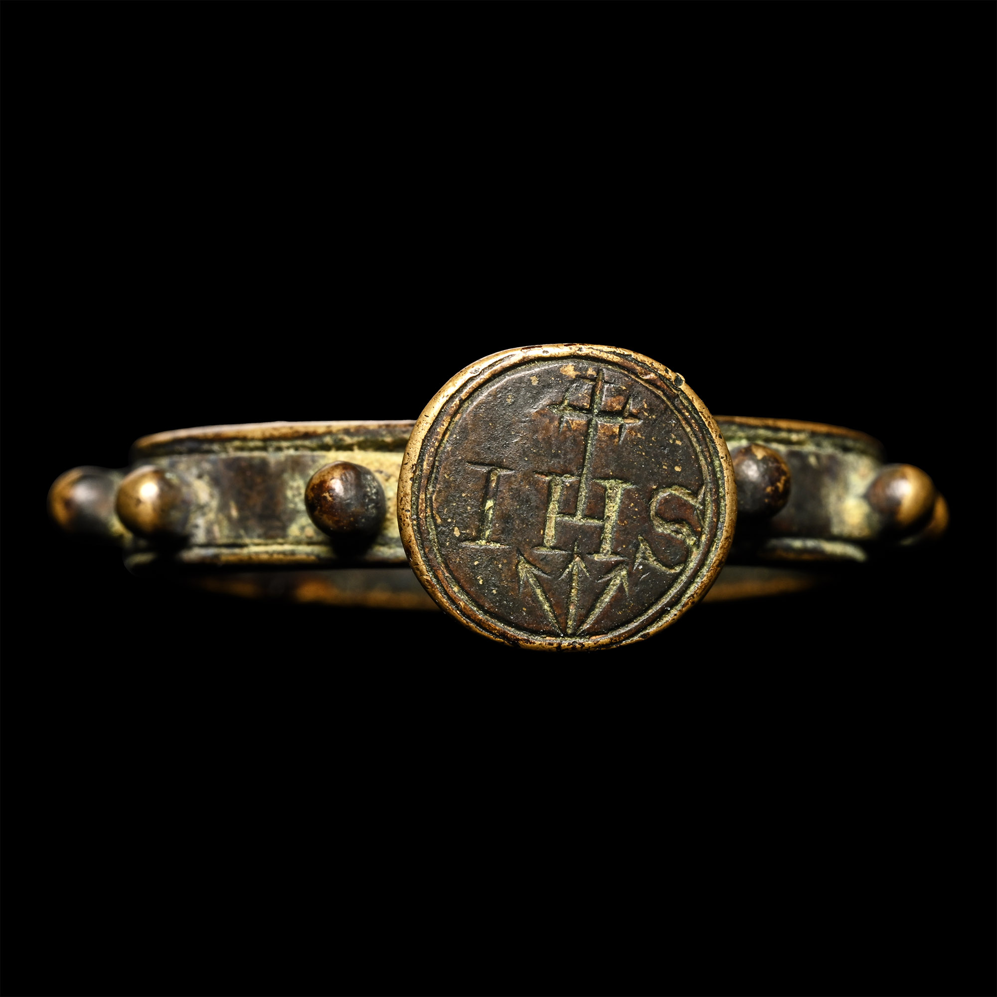 Medieval Bronze Rosary Ring with 'IHS' Inscription