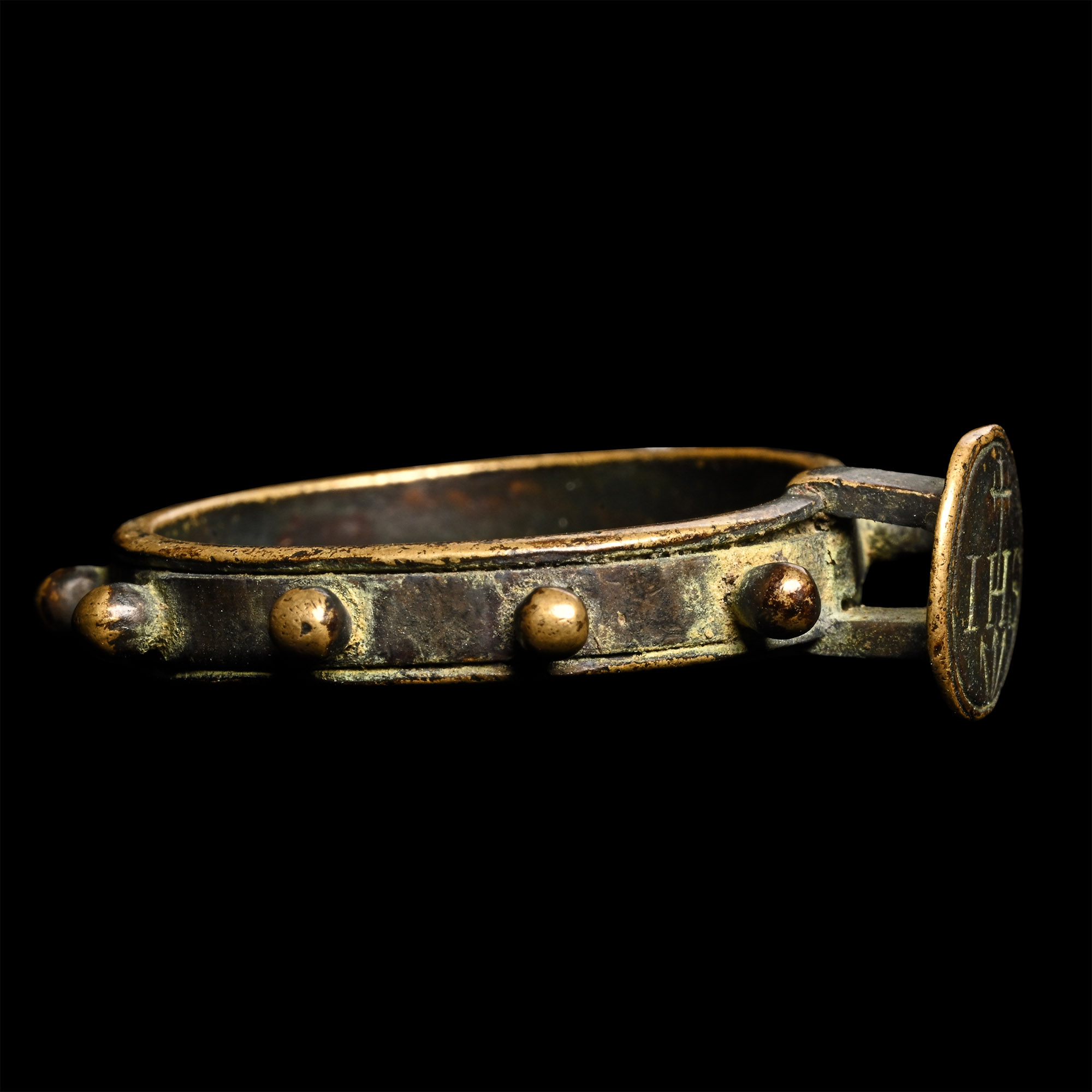 Medieval Bronze Rosary Ring with 'IHS' Inscription