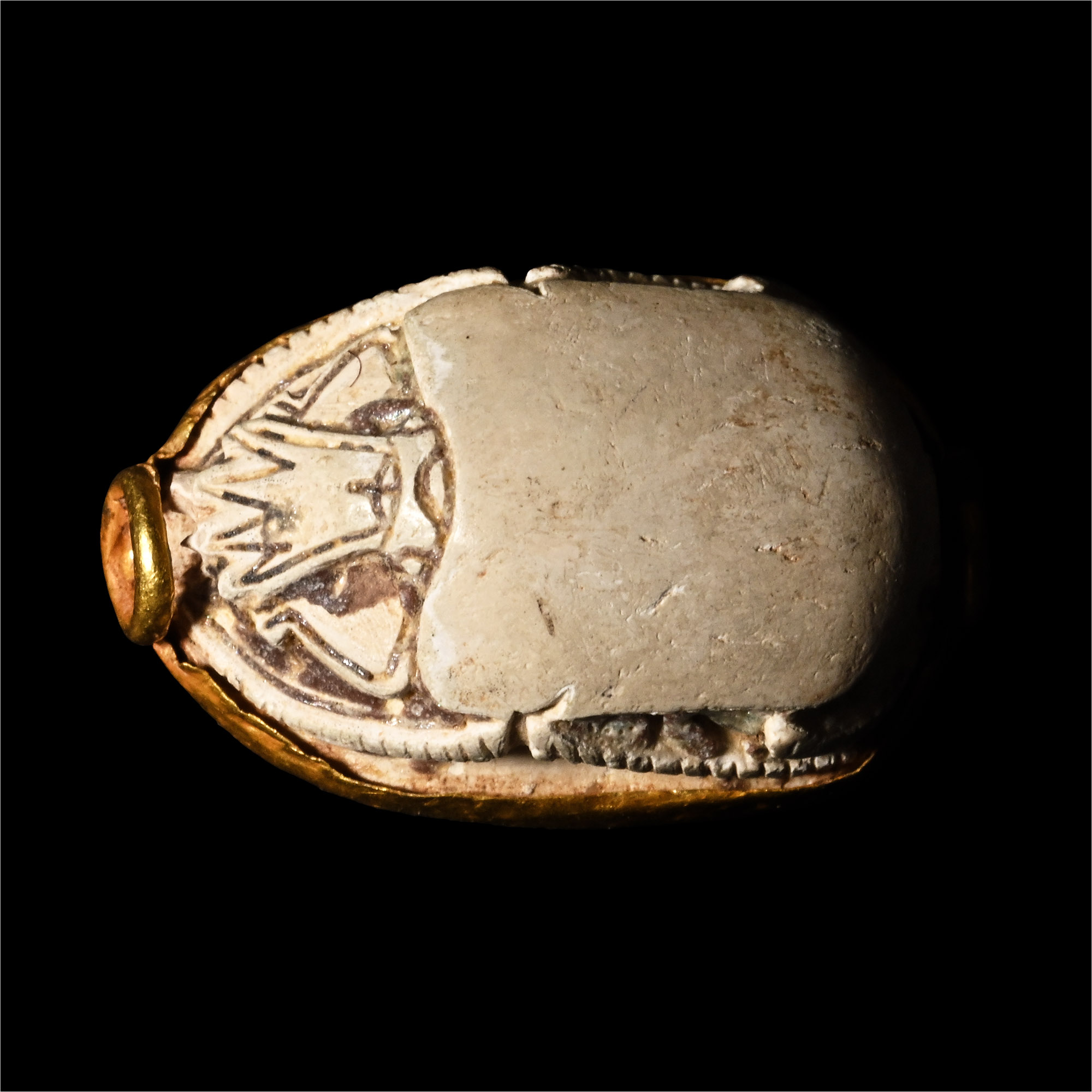 Egyptian Steatite Scarab with Interlocking Scrolls in Gold Mount
