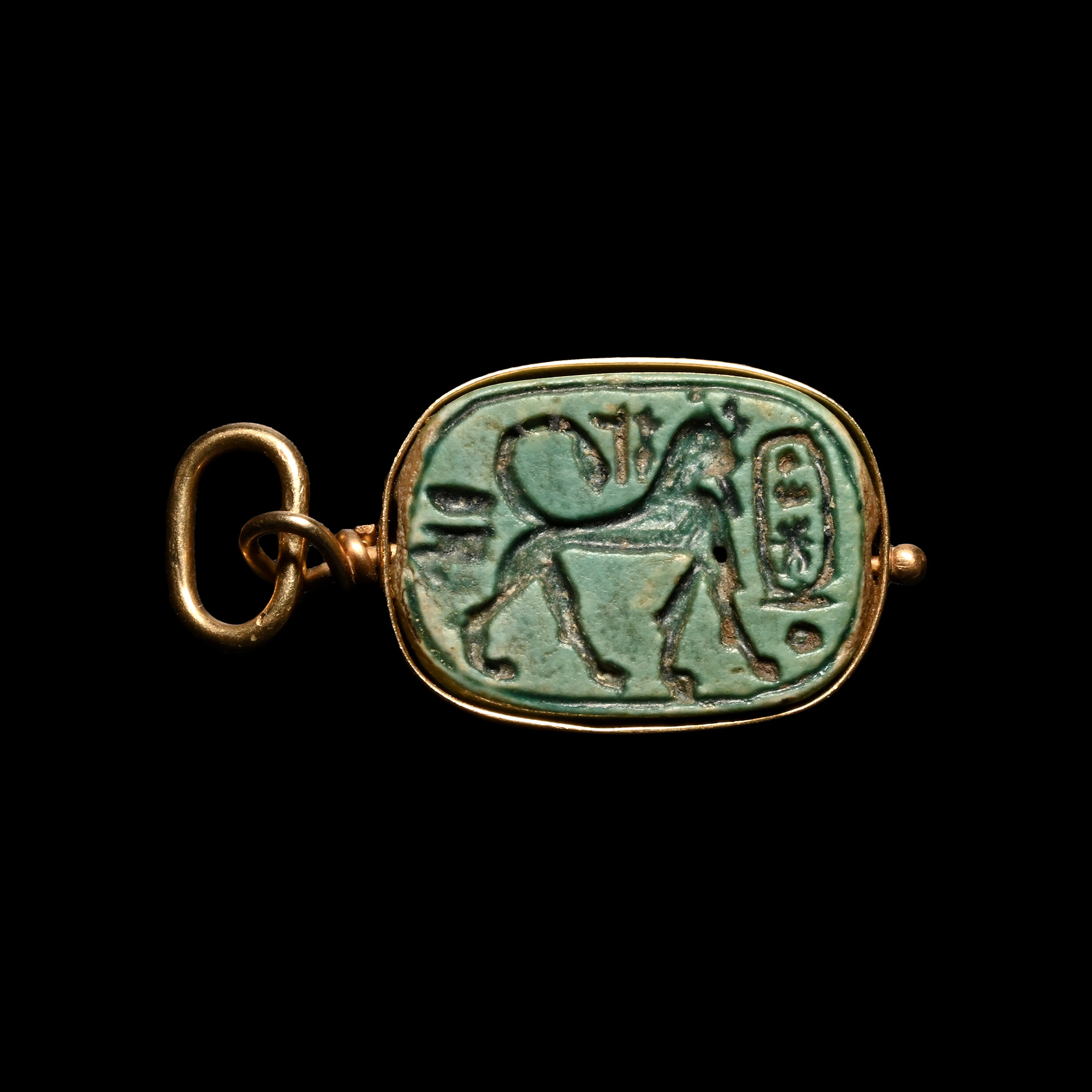 Egyptian Blue Faience Scarab with Cartouche in Gold Loop