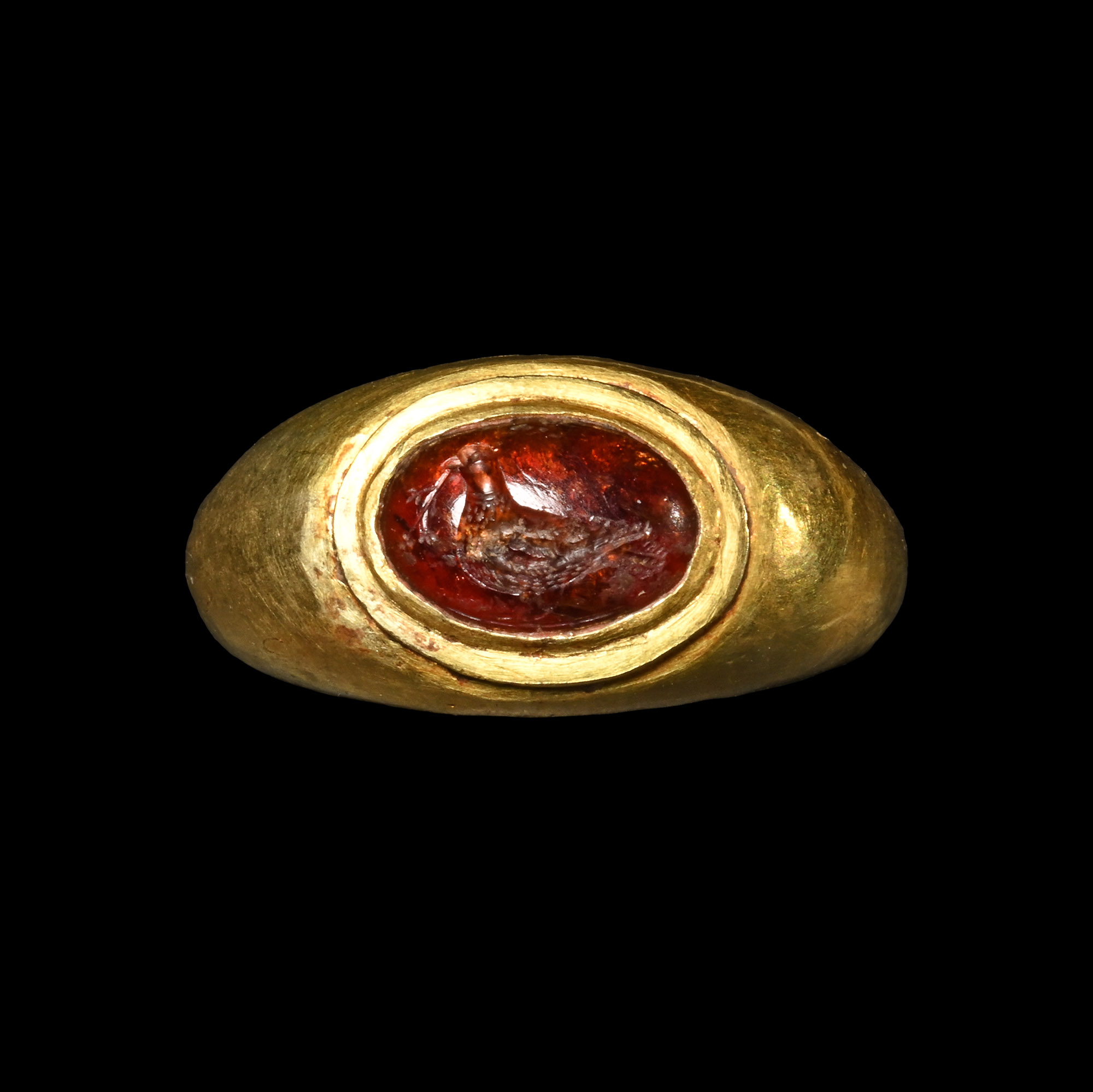 Early Byzantine Gold and Garnet Gemstone Ring with Bird