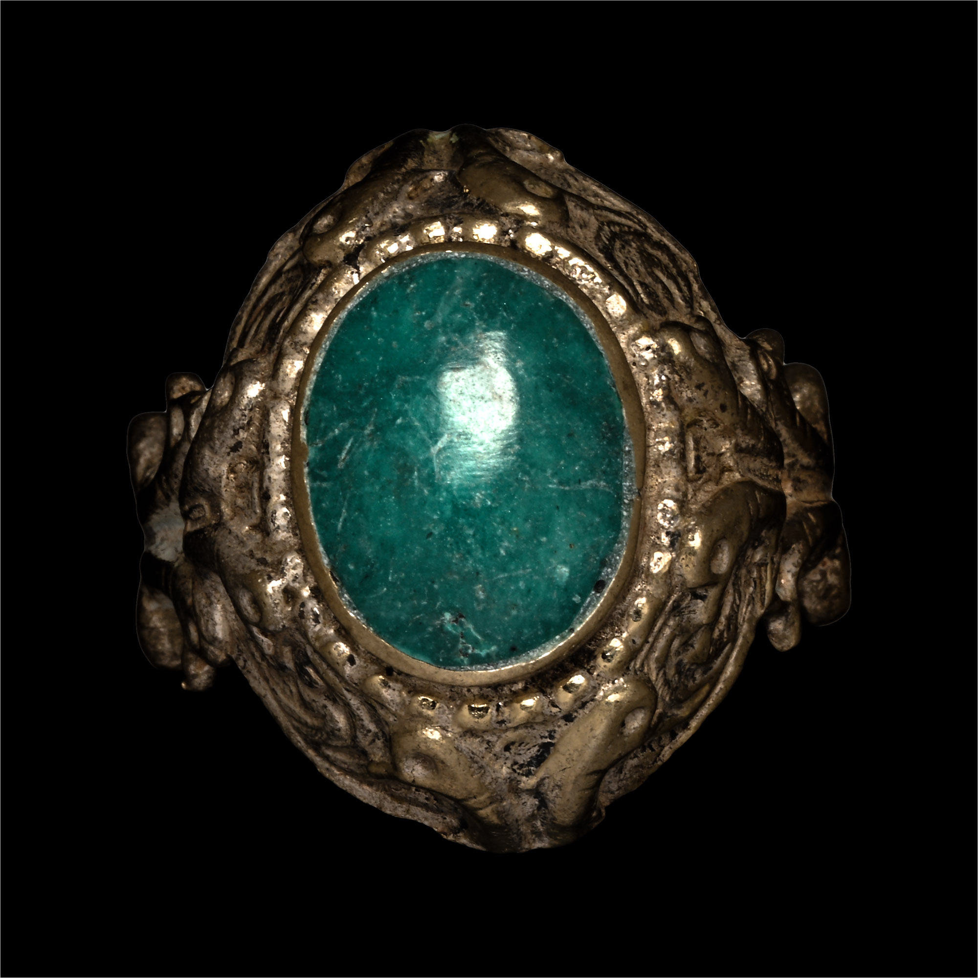 Bedouin Silver-Coloured Ring with Green Cabochon