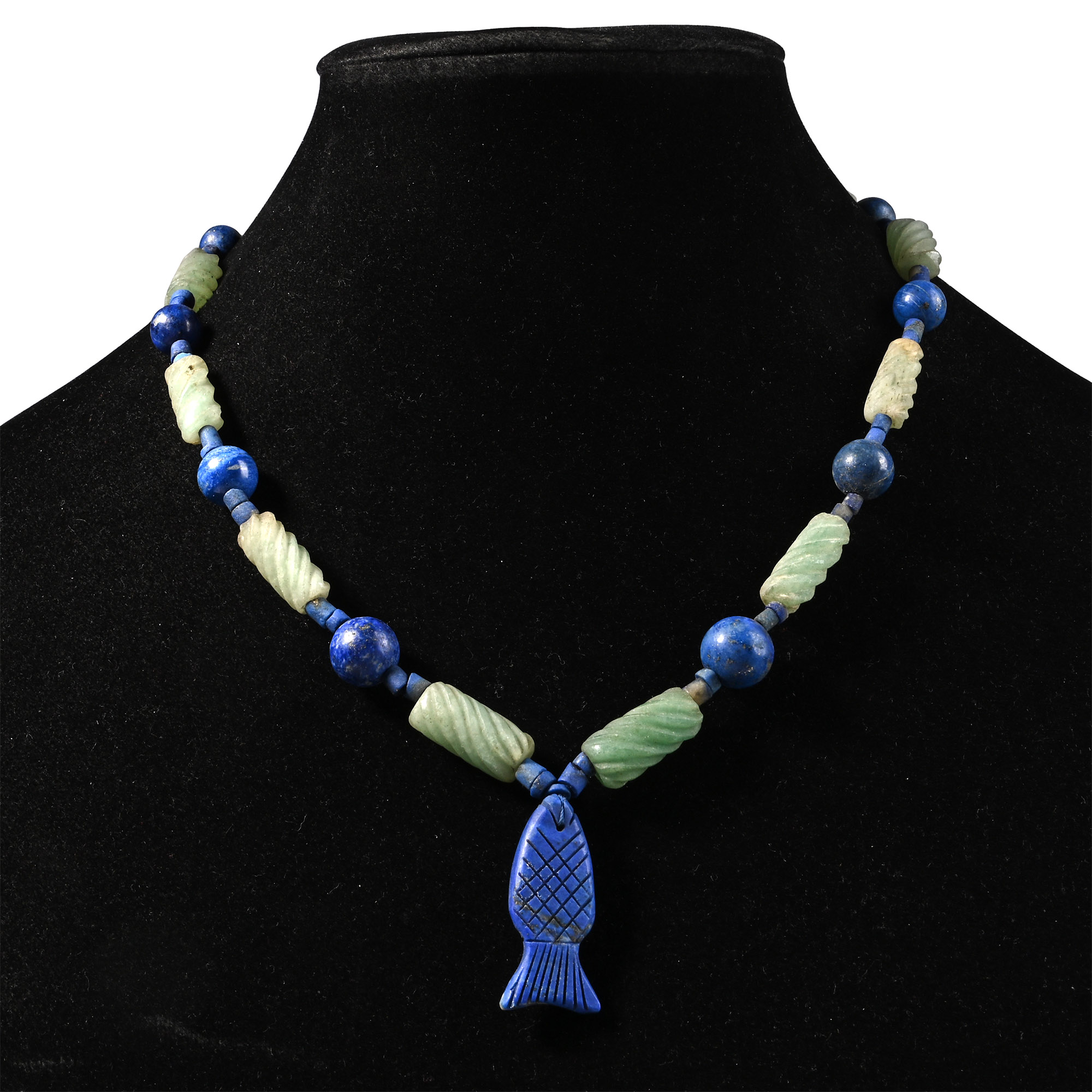 Lapis Lazuli and Green Glass Bead Necklace String with Fish Pendant