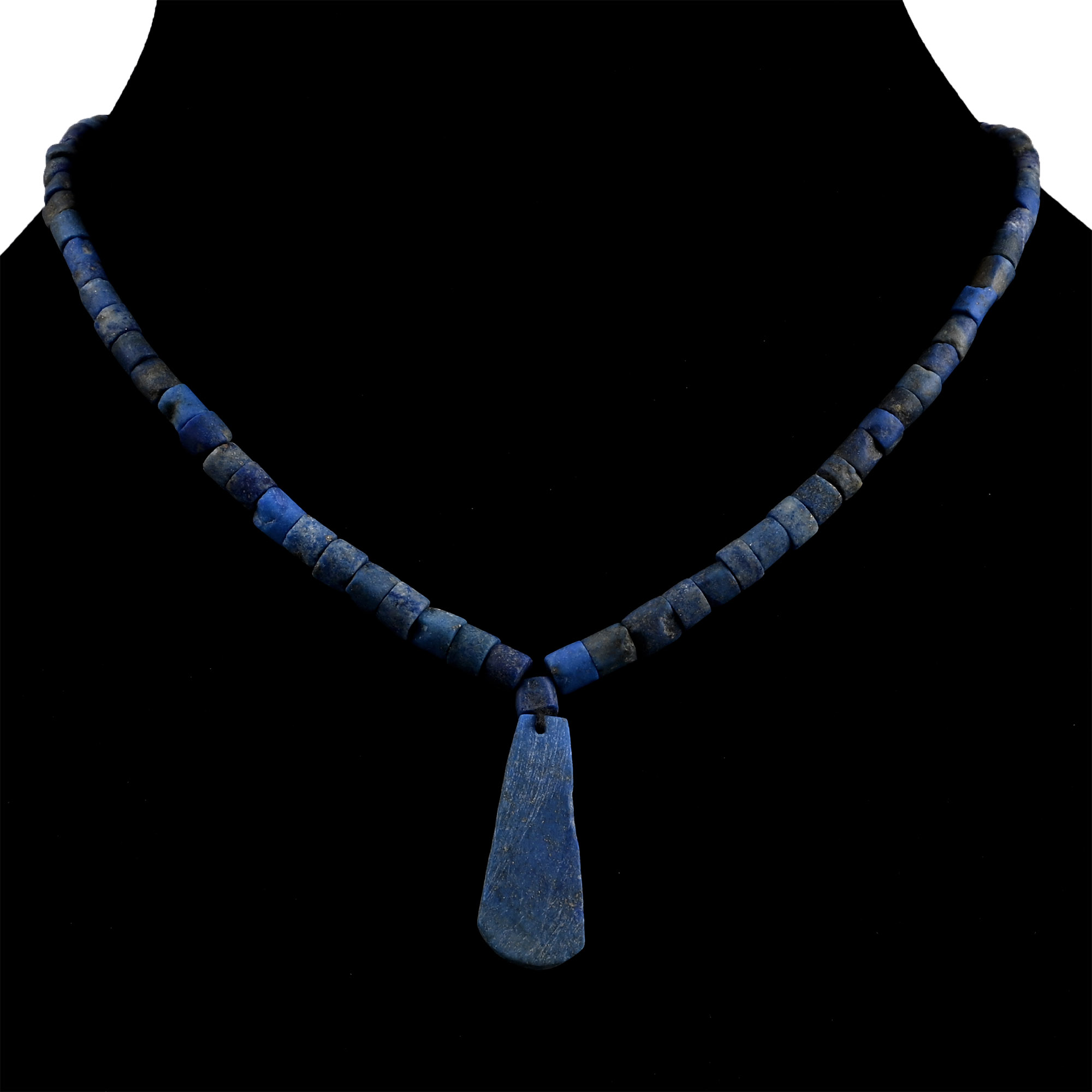 Lapis Lazuli Bead Necklace String with Paddle-Shaped Pendant