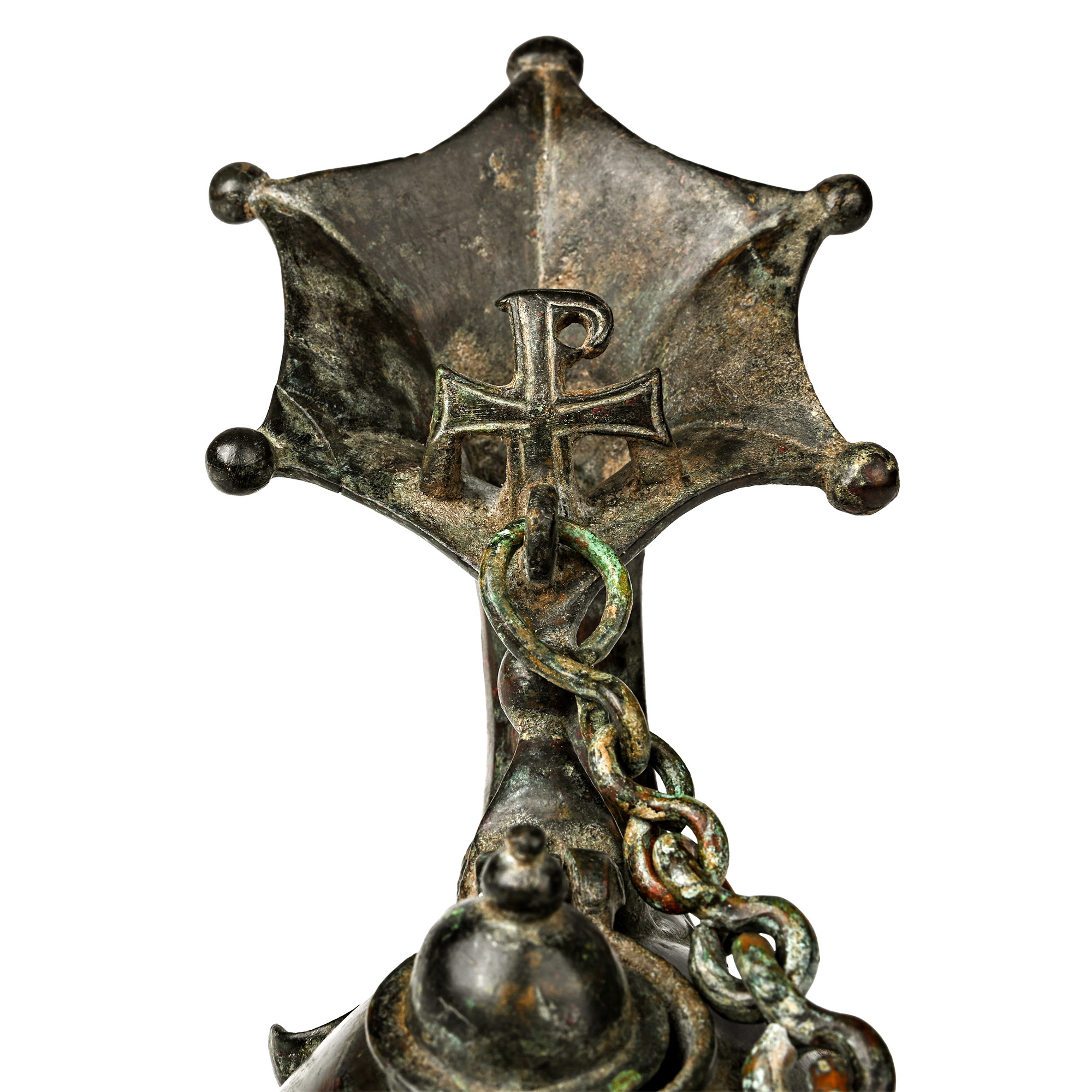 Byzantine Bronze Oil Lamp with Chain and Chi Rho