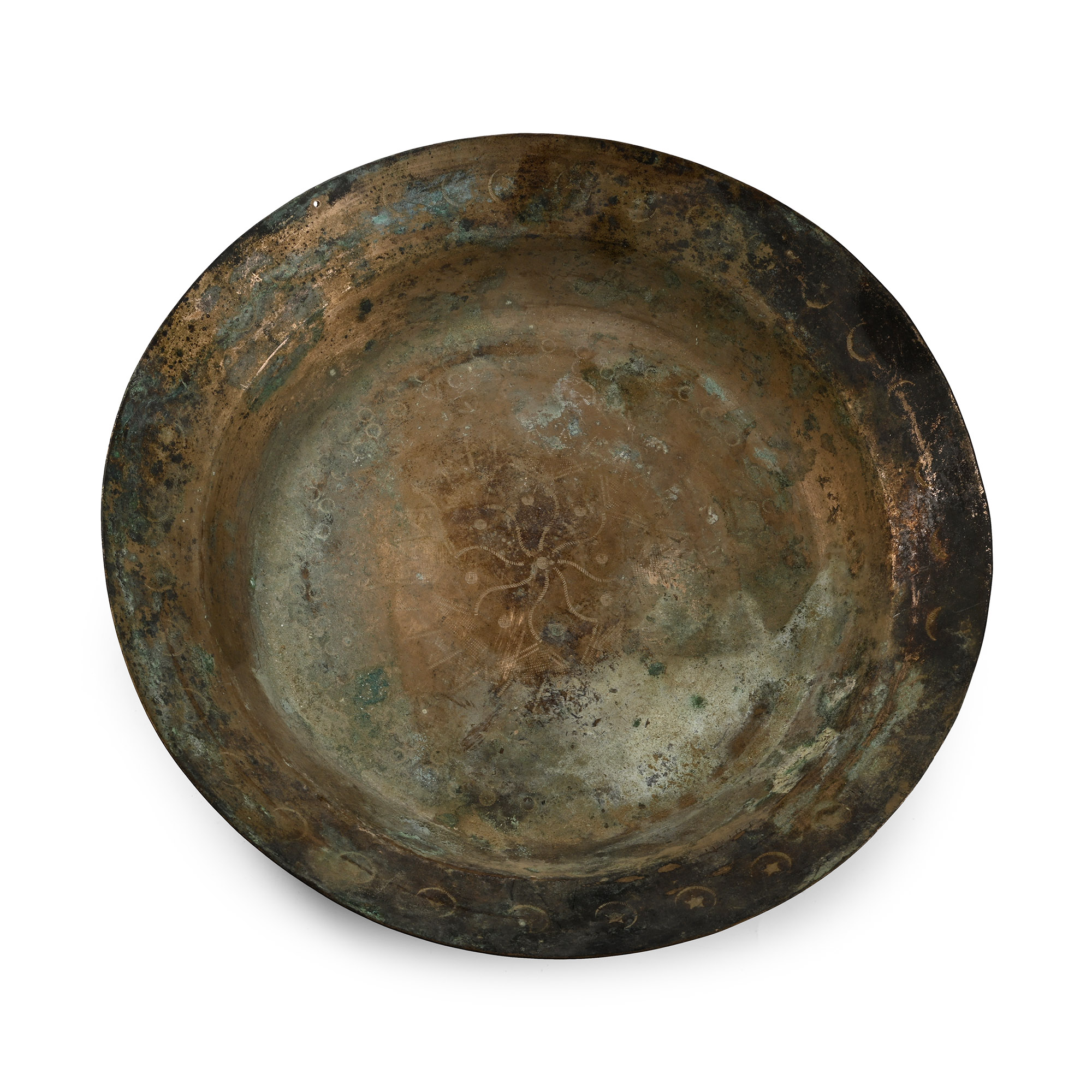 Large Western Asiatic Bronze Plate with Star and Crescent Design