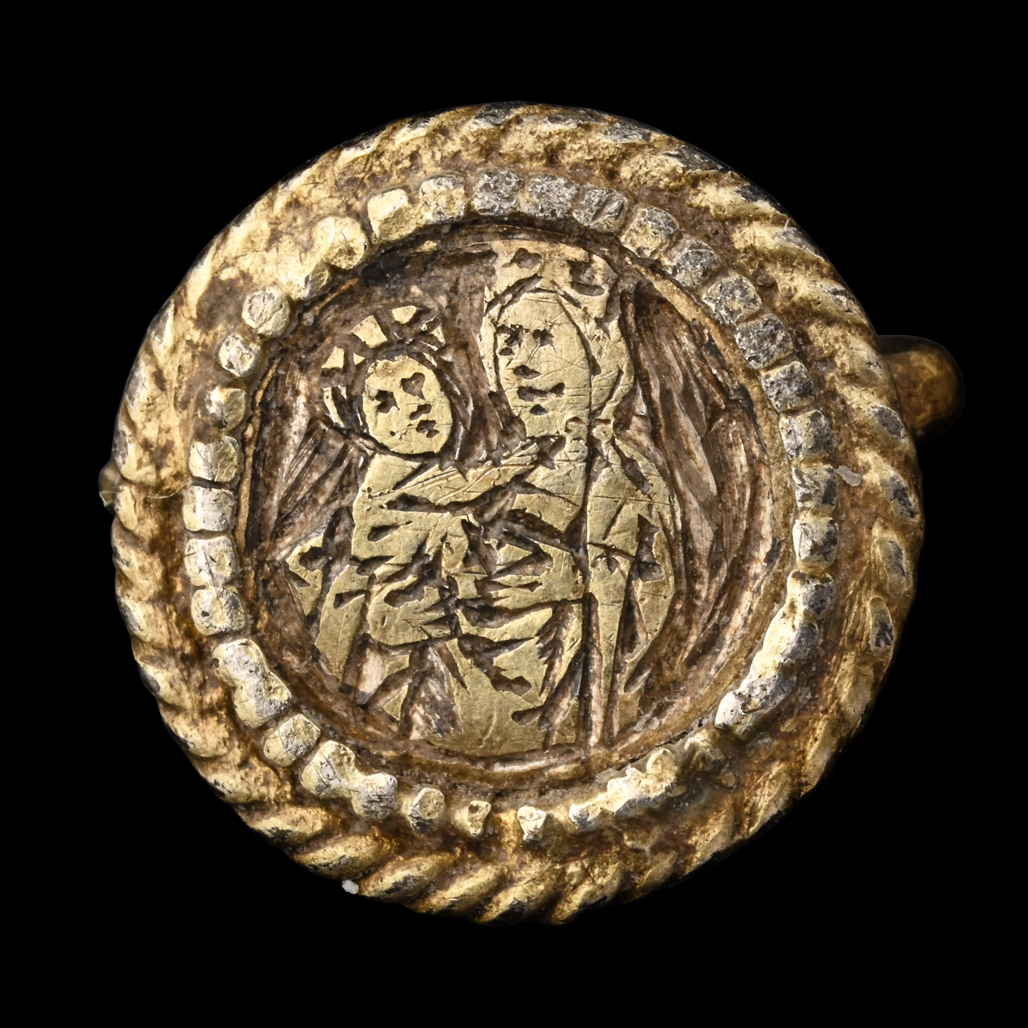 Medieval Silver-Gilt Hat Pin with Mary and Child