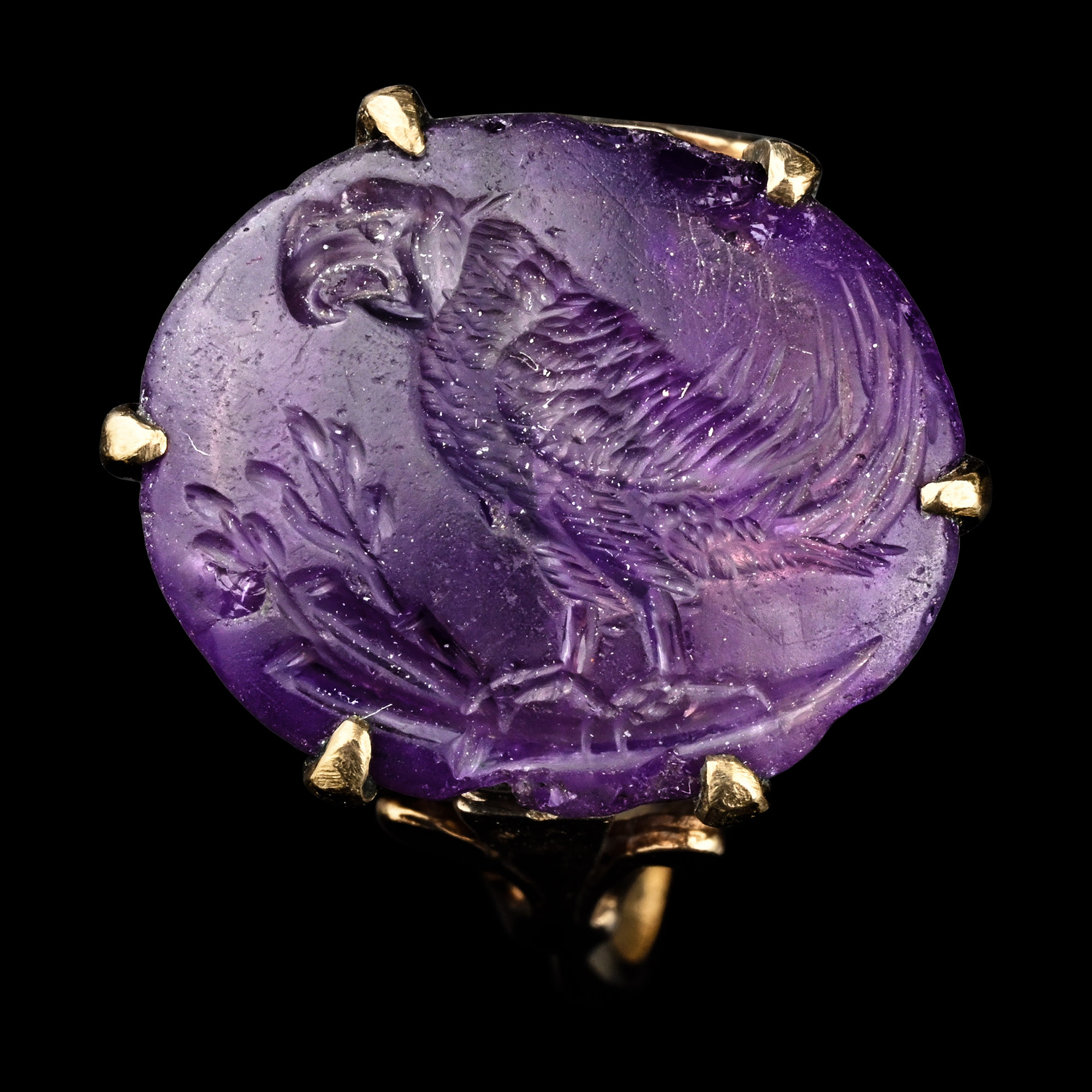 Moghul Amethyst Gemstone with Parrot Perched on Olive Branch in Gold Ring