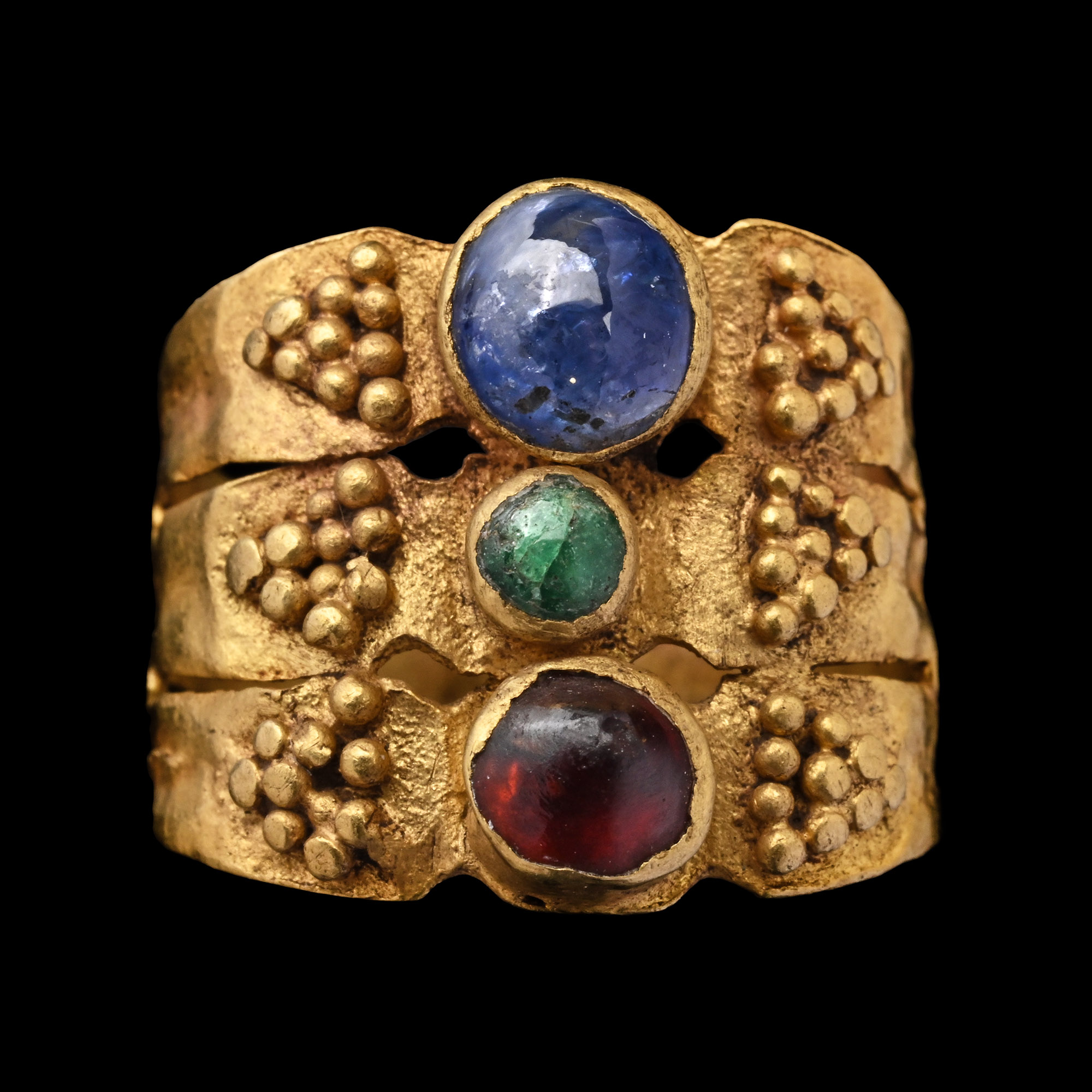 Roman Triple-Hooped Gold Ring with Sapphire and Other Gems