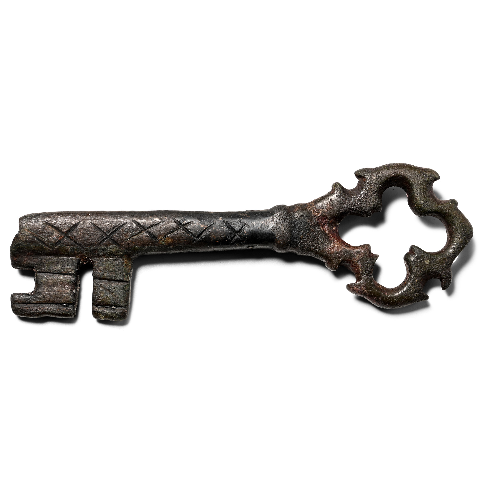 Large Medieval Ornate Bronze Door Key with Quatrefoil