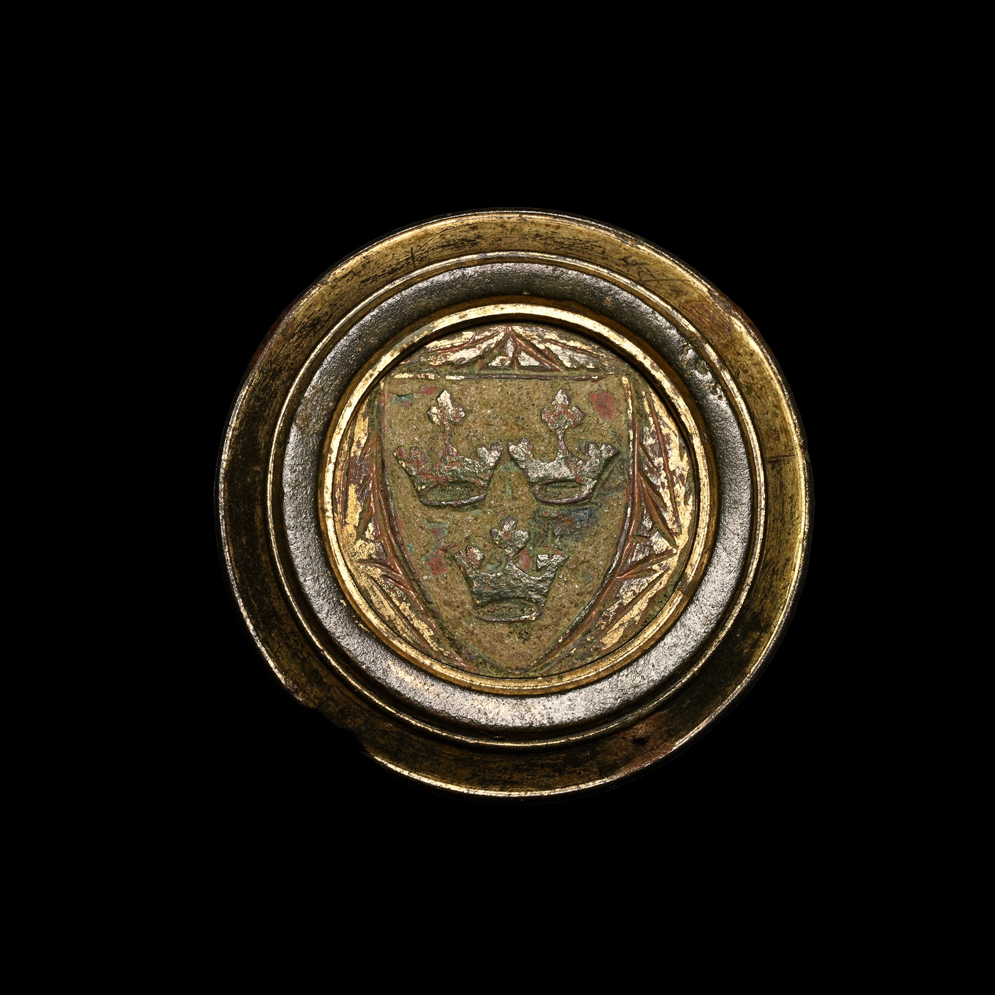 Large Medieval Knight's Gilt Bronze Heraldic Horse Harness Roundel with Three Crowns for the Bishop of Ely