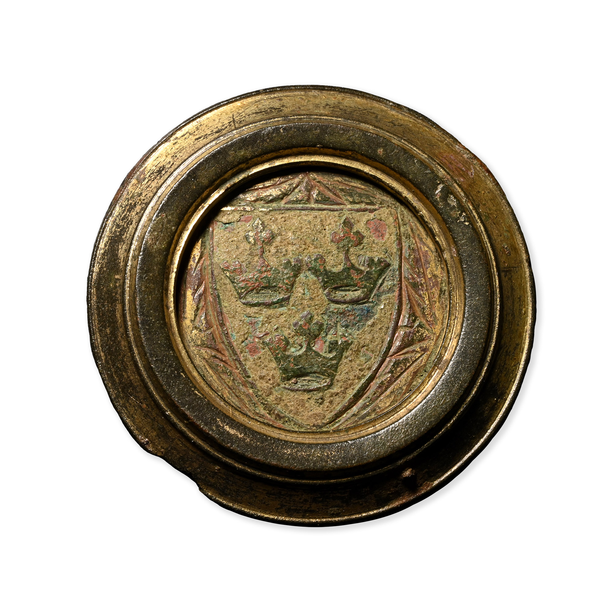 Large Medieval Knight's Gilt Bronze Heraldic Horse Harness Roundel with Three Crowns for the Bishop of Ely