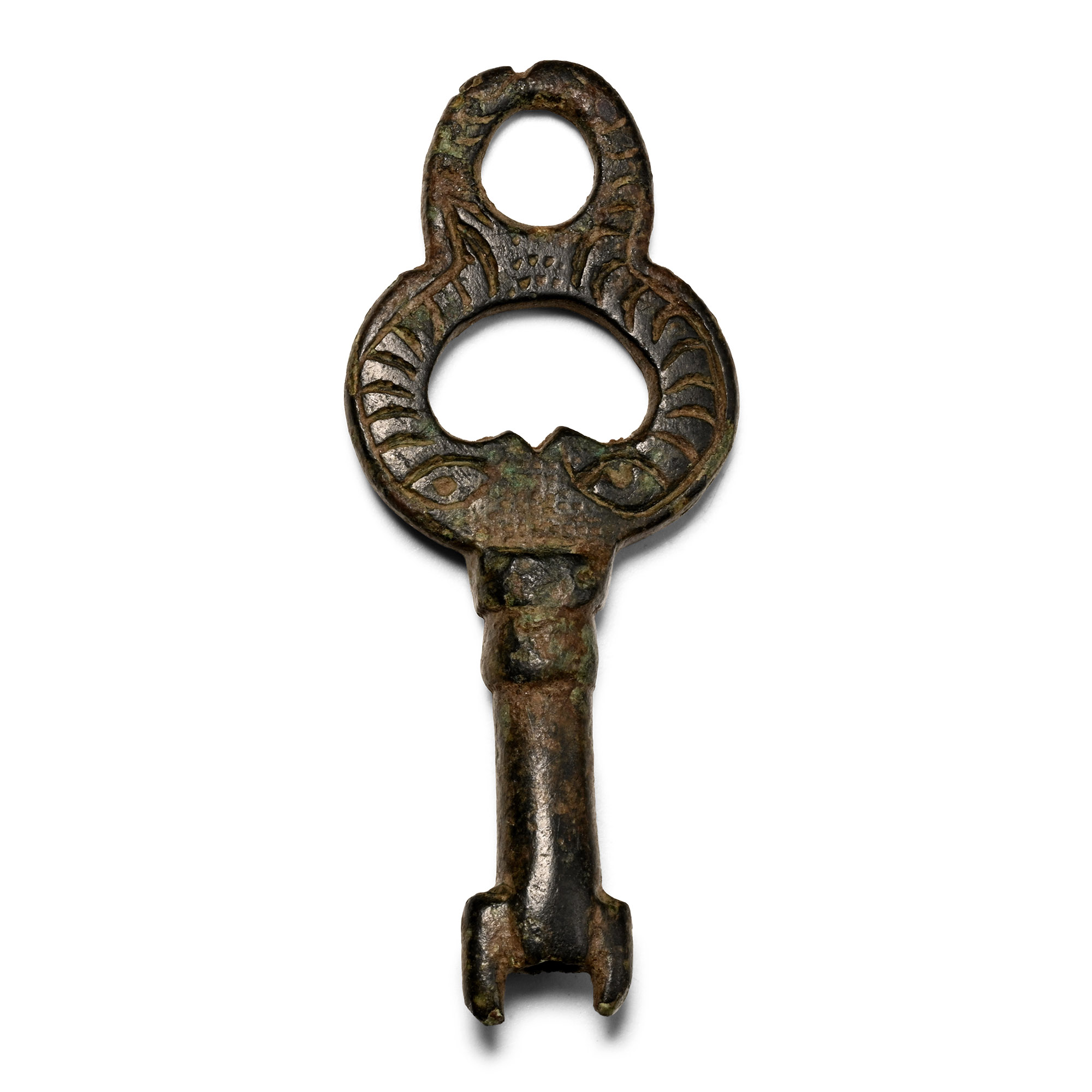 Late Roman Bronze Ornate Key with Beast Heads