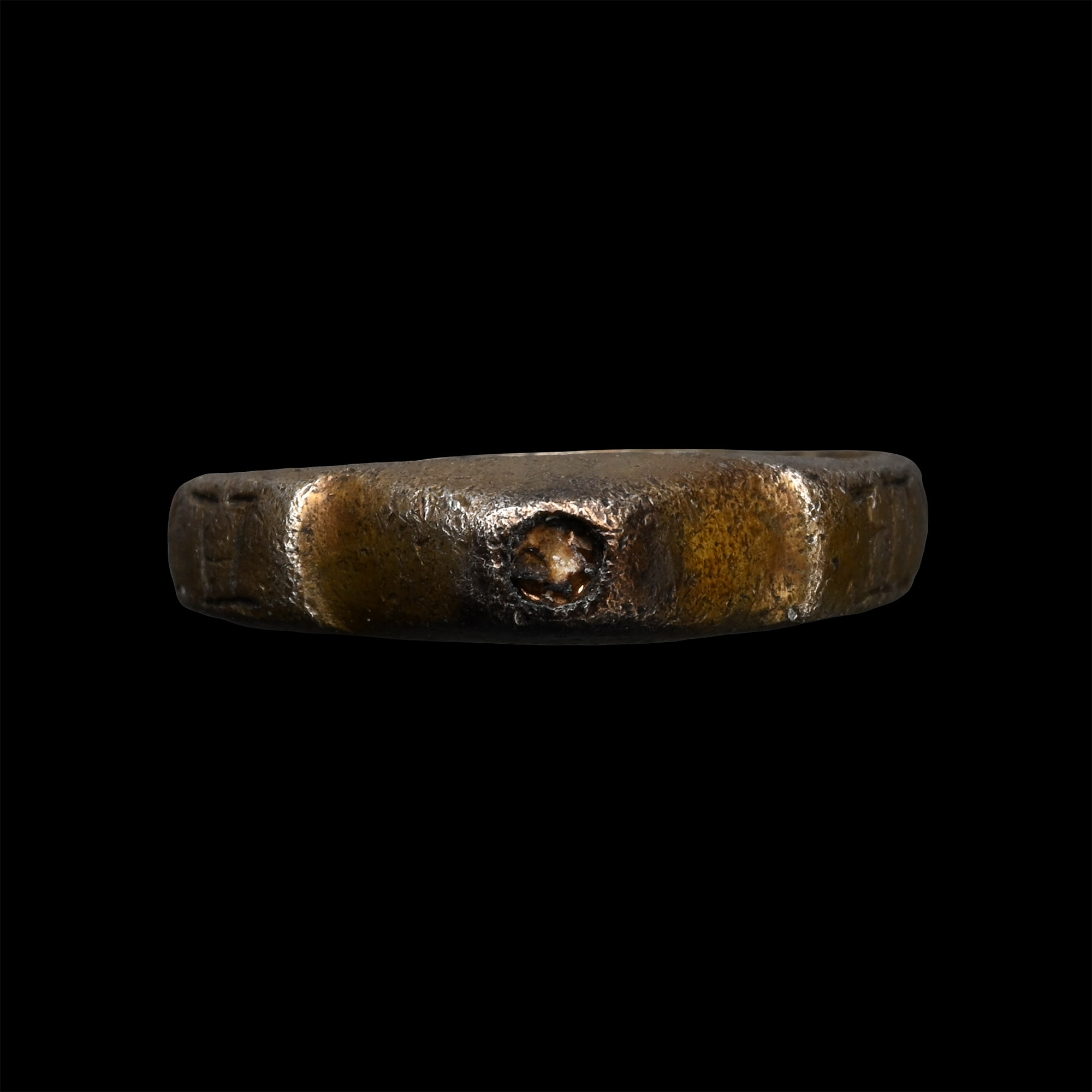 Medieval Silver-Gilt Stirrup Ring with 'AVE MARIA' and Clasped Hands