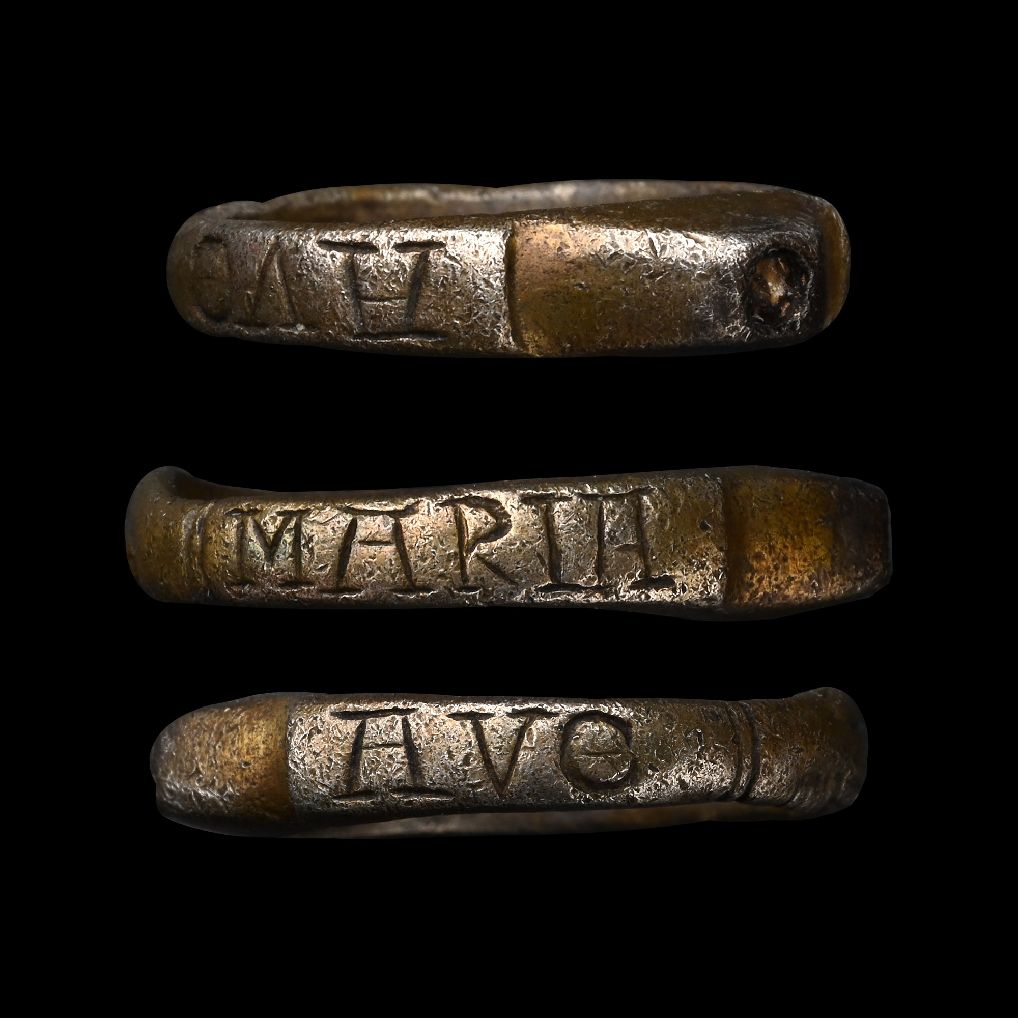 Medieval Silver-Gilt Stirrup Ring with 'AVE MARIA' and Clasped Hands