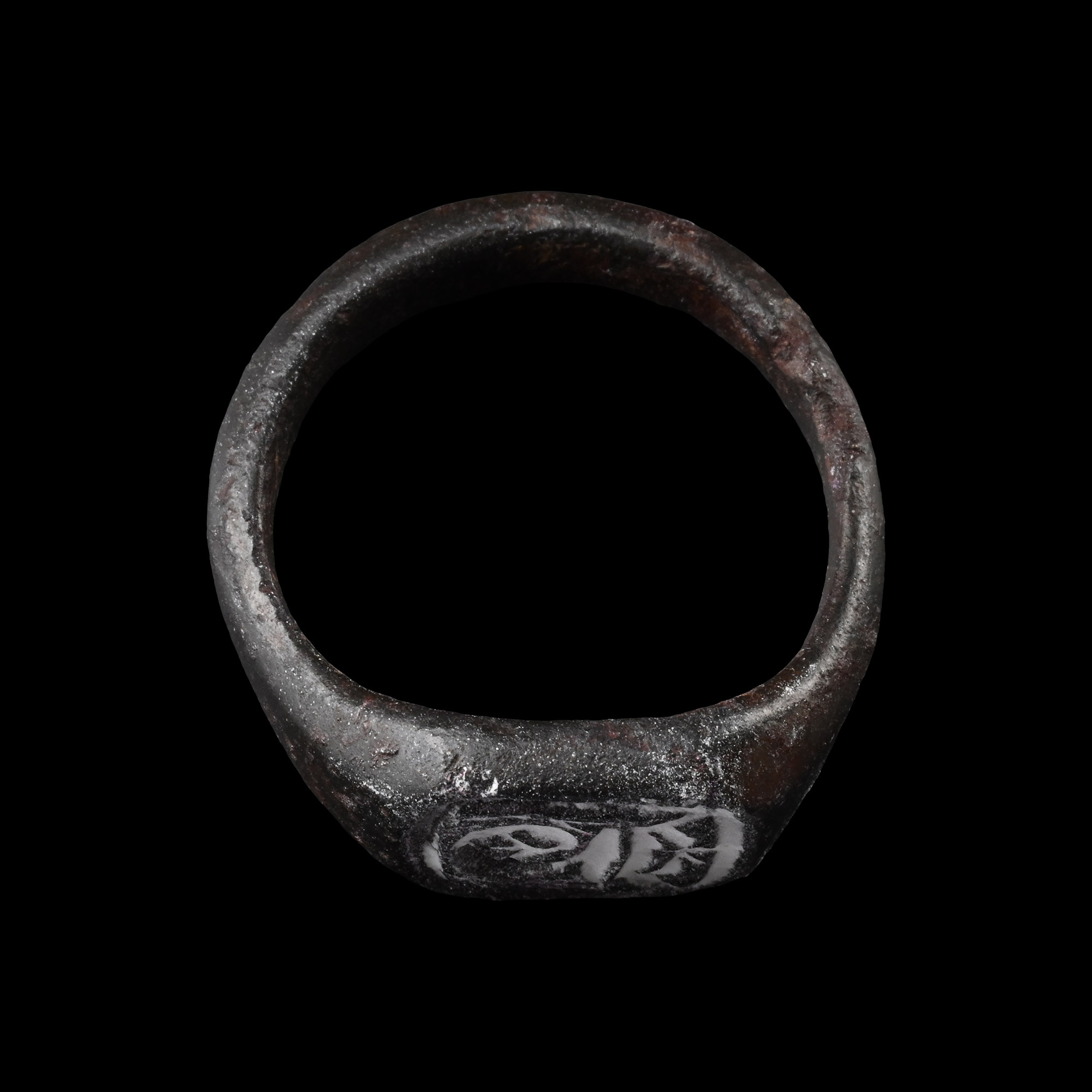 Large Medieval Bronze Glove Signet Ring with Crowned T