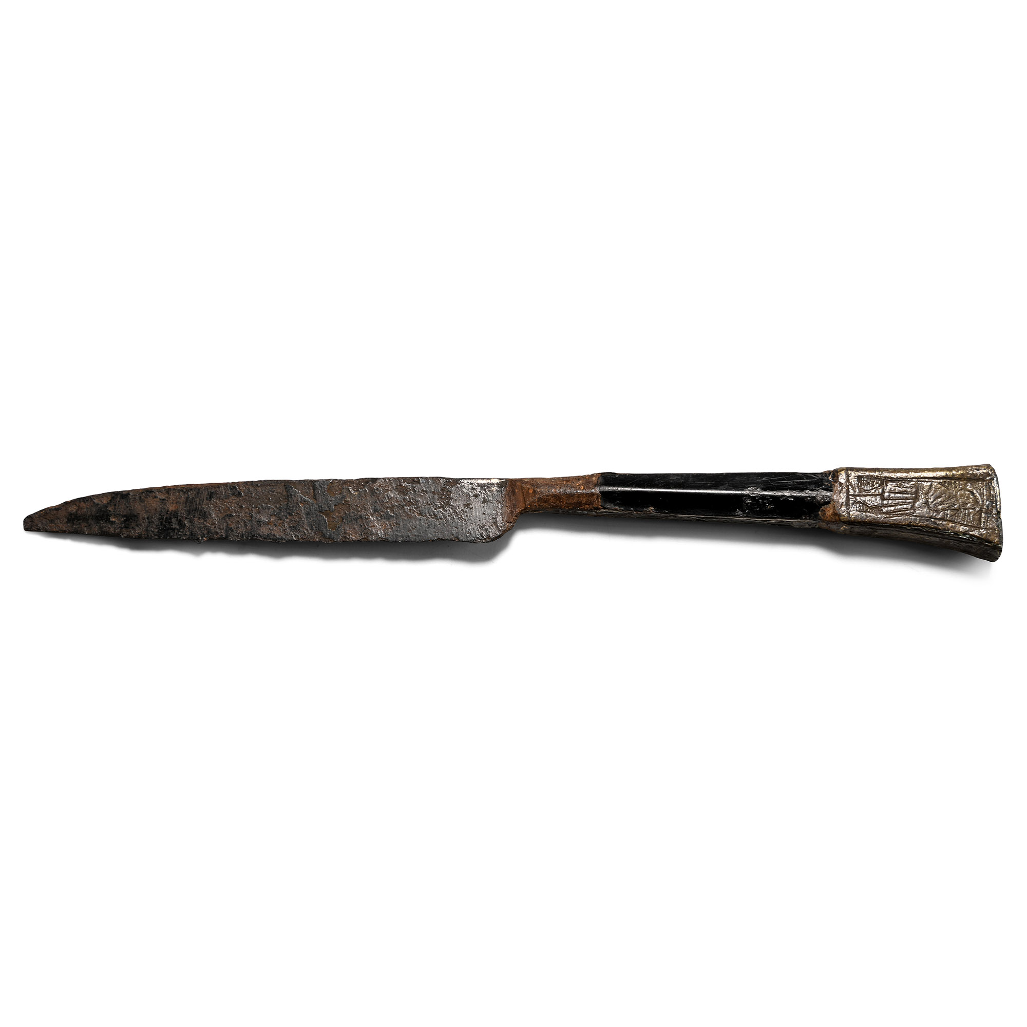 Medieval Iron Knife with Saints Engraved on the Bronze Pommel