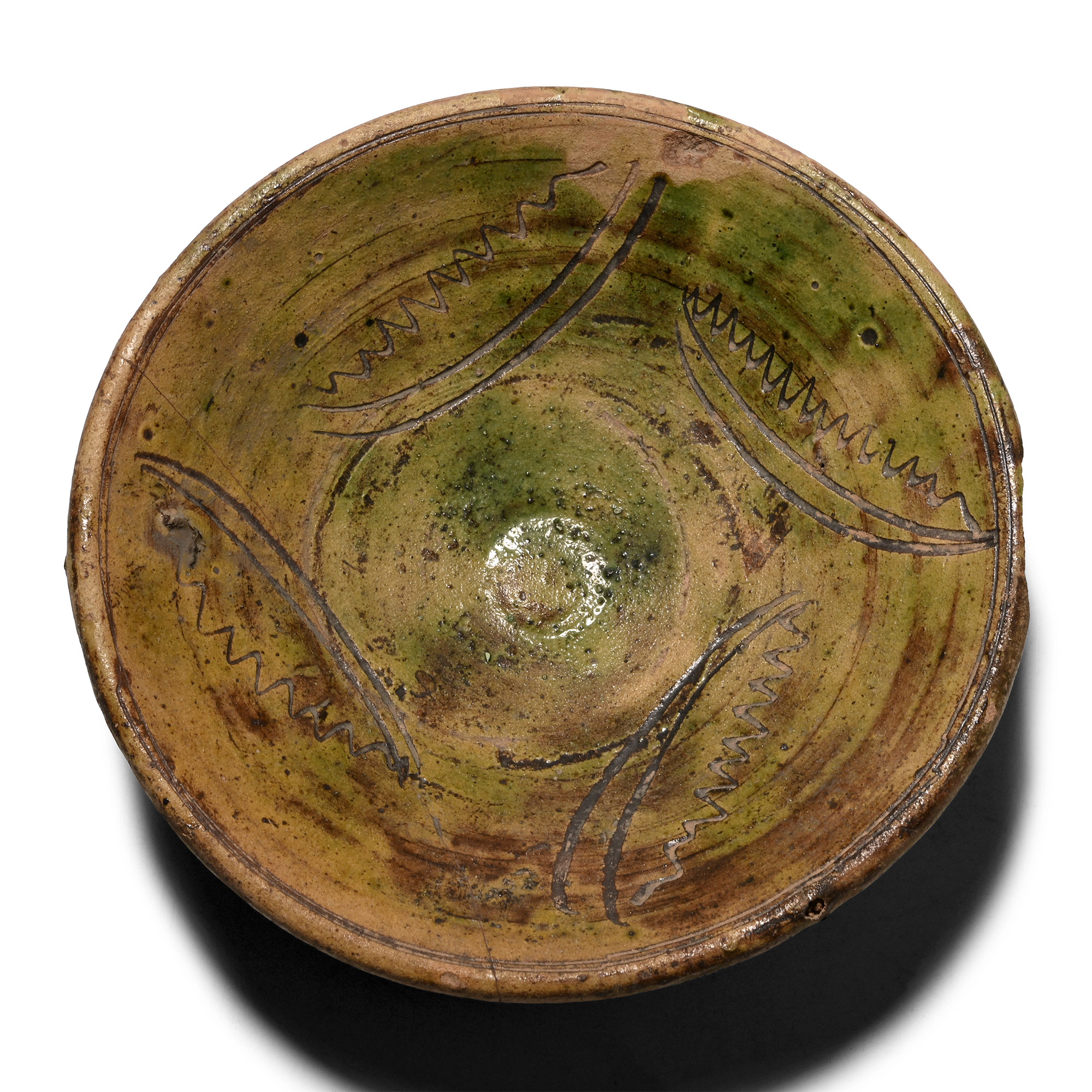 Byzantine Green Glazed Sgraffito Footed Bowl