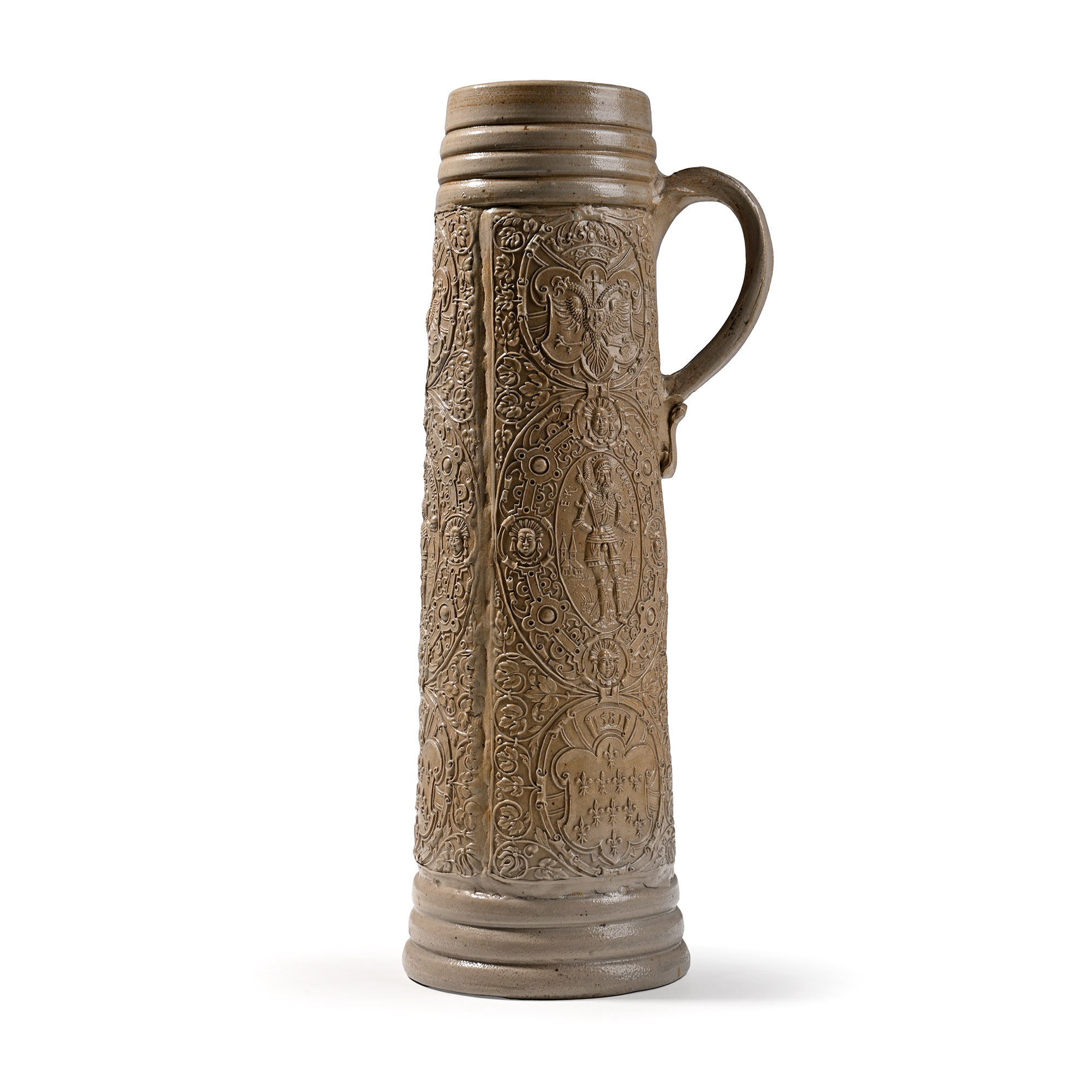 Siegburg Style White Stoneware Salt-Glazed Tankard 'Schnelle' with Moulded Decoration